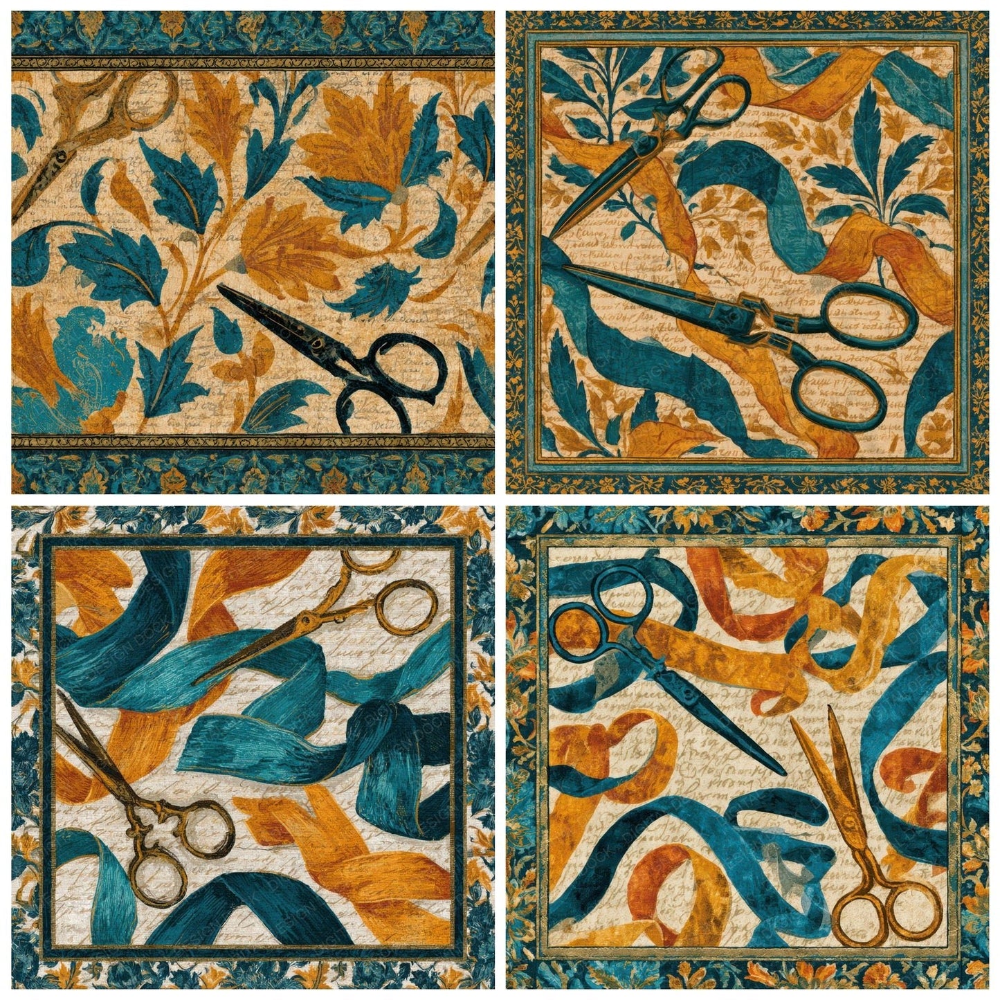Mughal Scissors Ribbons Rust Turquoise Digital Paper Pack (DDD013935)