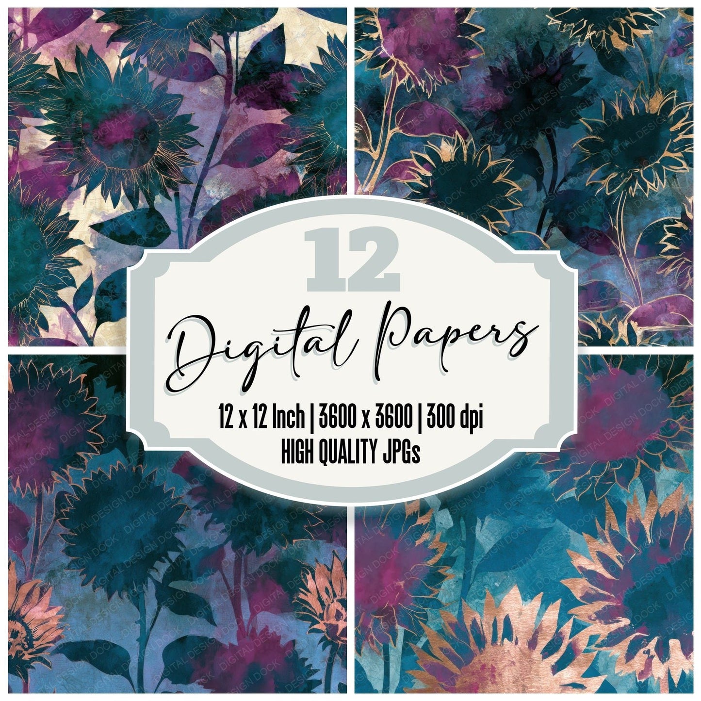 Watercolour Sunflower Teal Magenta Digital Paper Pack (DDD013943)