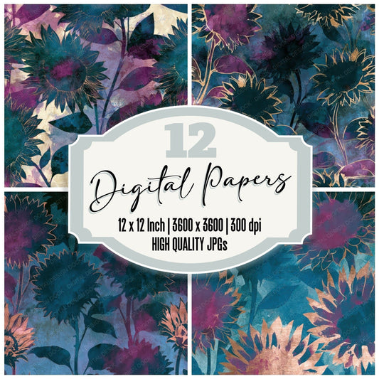 Watercolour Sunflower Teal Magenta Digital Paper Pack (DDD013943)