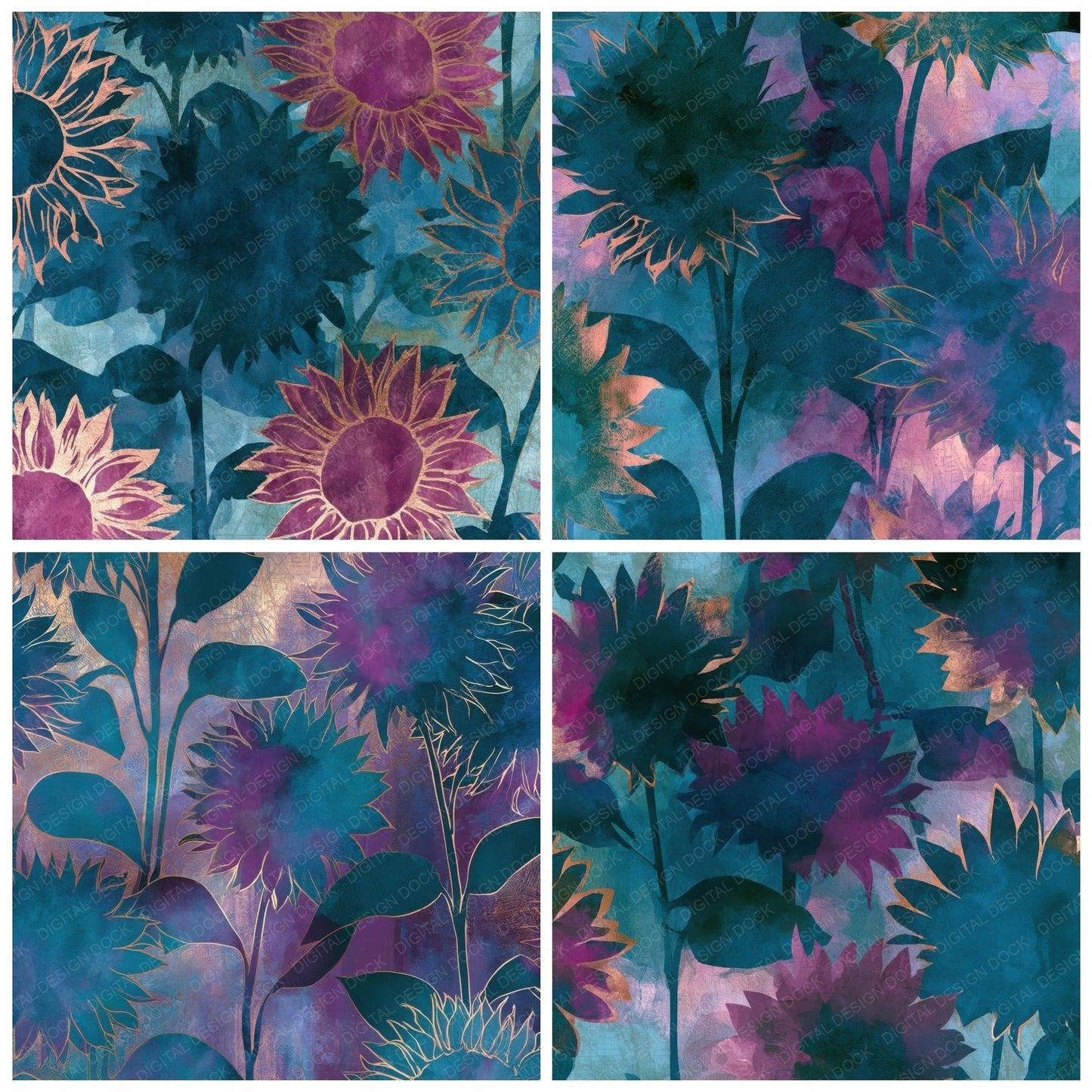 Watercolour Sunflower Teal Magenta Digital Paper Pack (DDD013943)