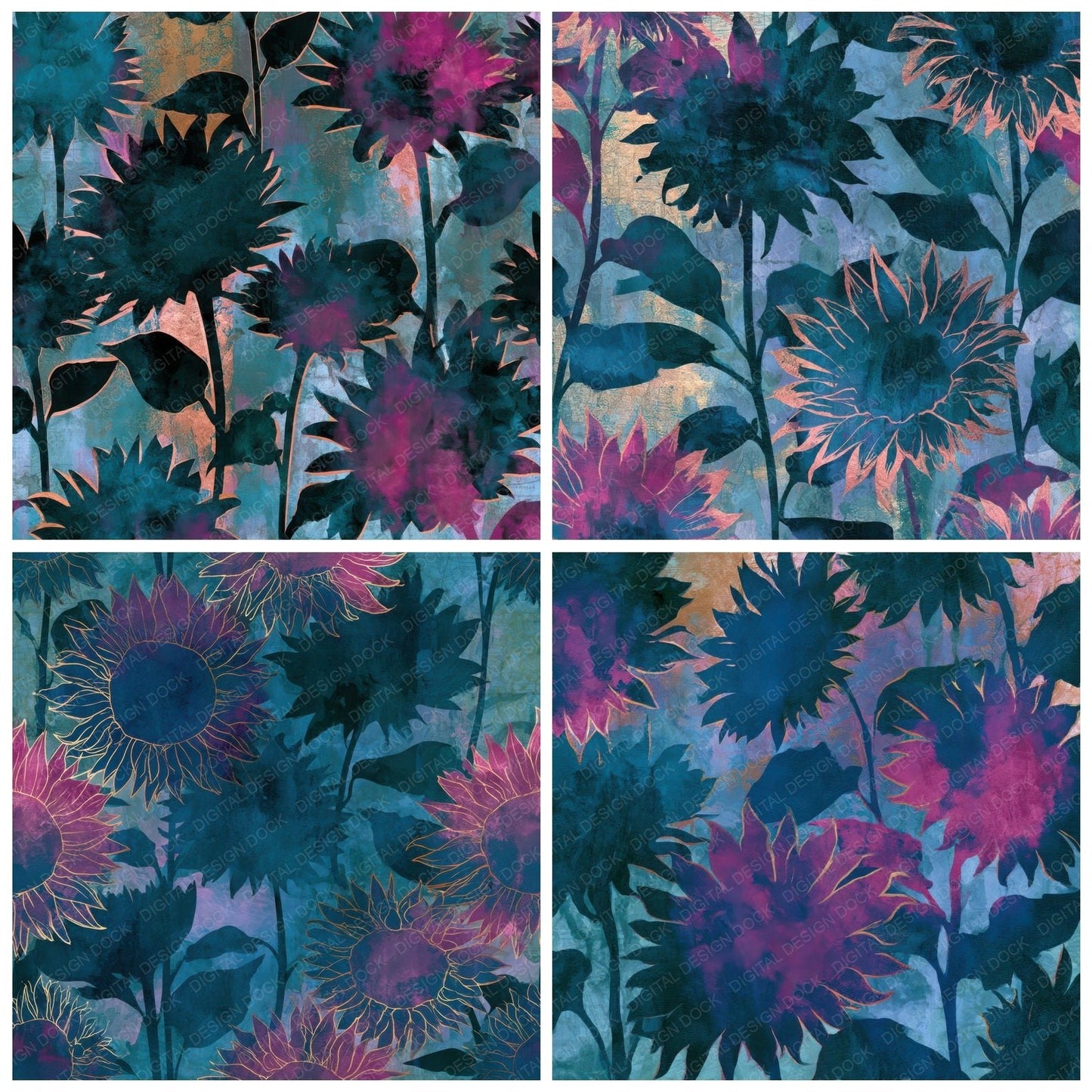 Watercolour Sunflower Teal Magenta Digital Paper Pack (DDD013943)