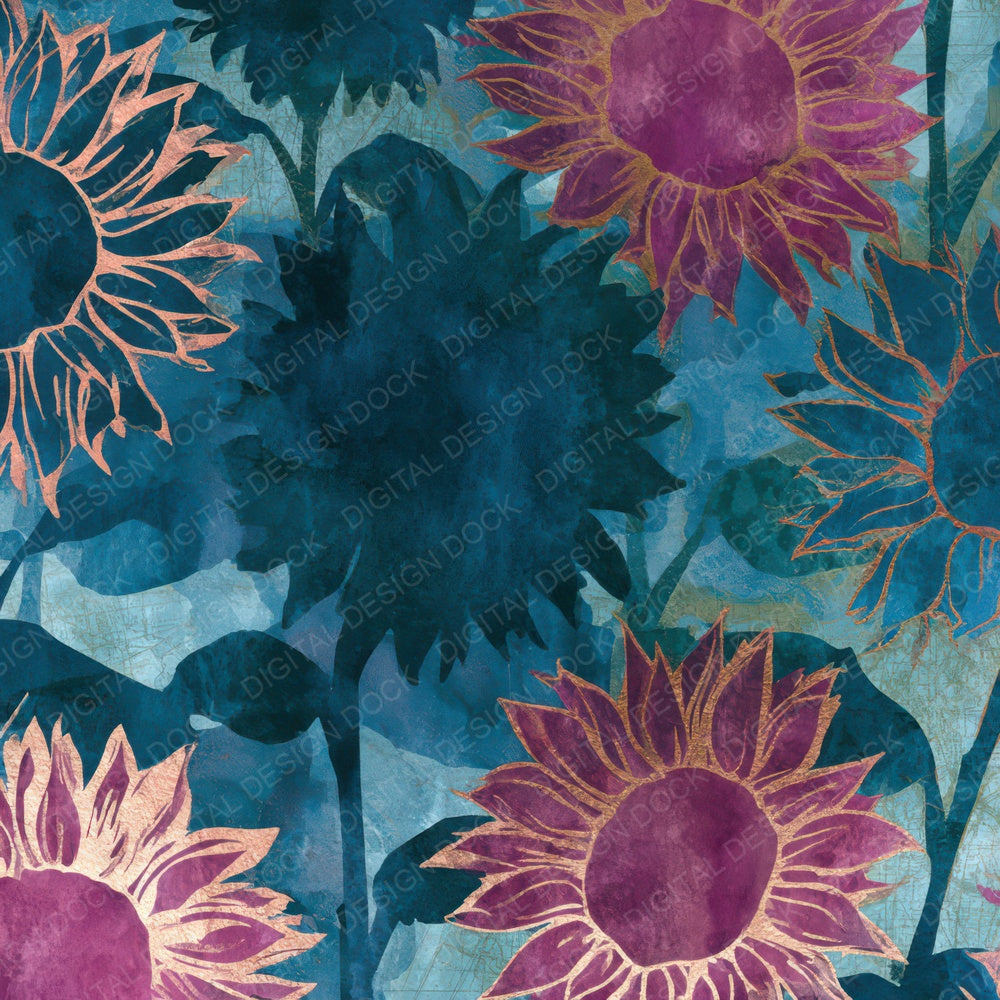 Watercolour Sunflower Teal Magenta Digital Paper Pack (DDD013943)