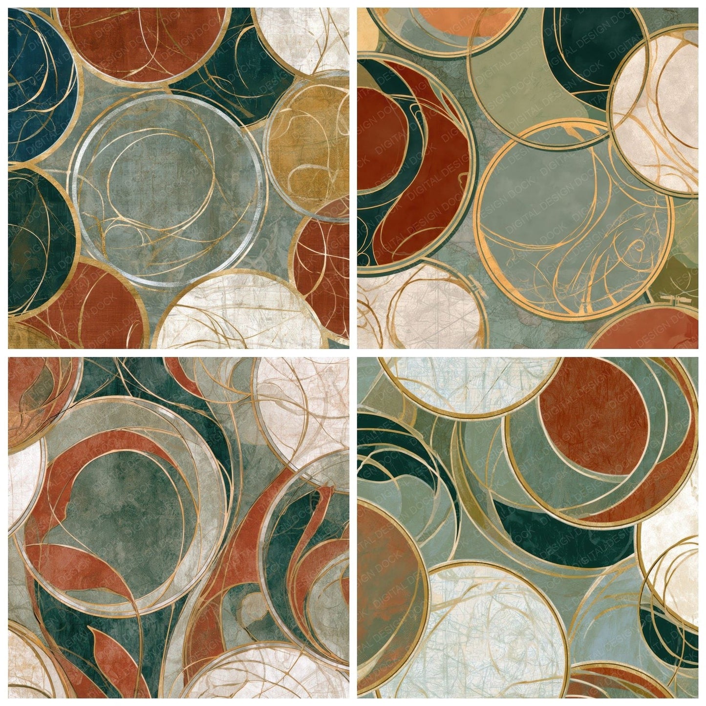 Art Nouveau Embroidery Hoops Rust Moss Digital Paper Pack (DDD013947)