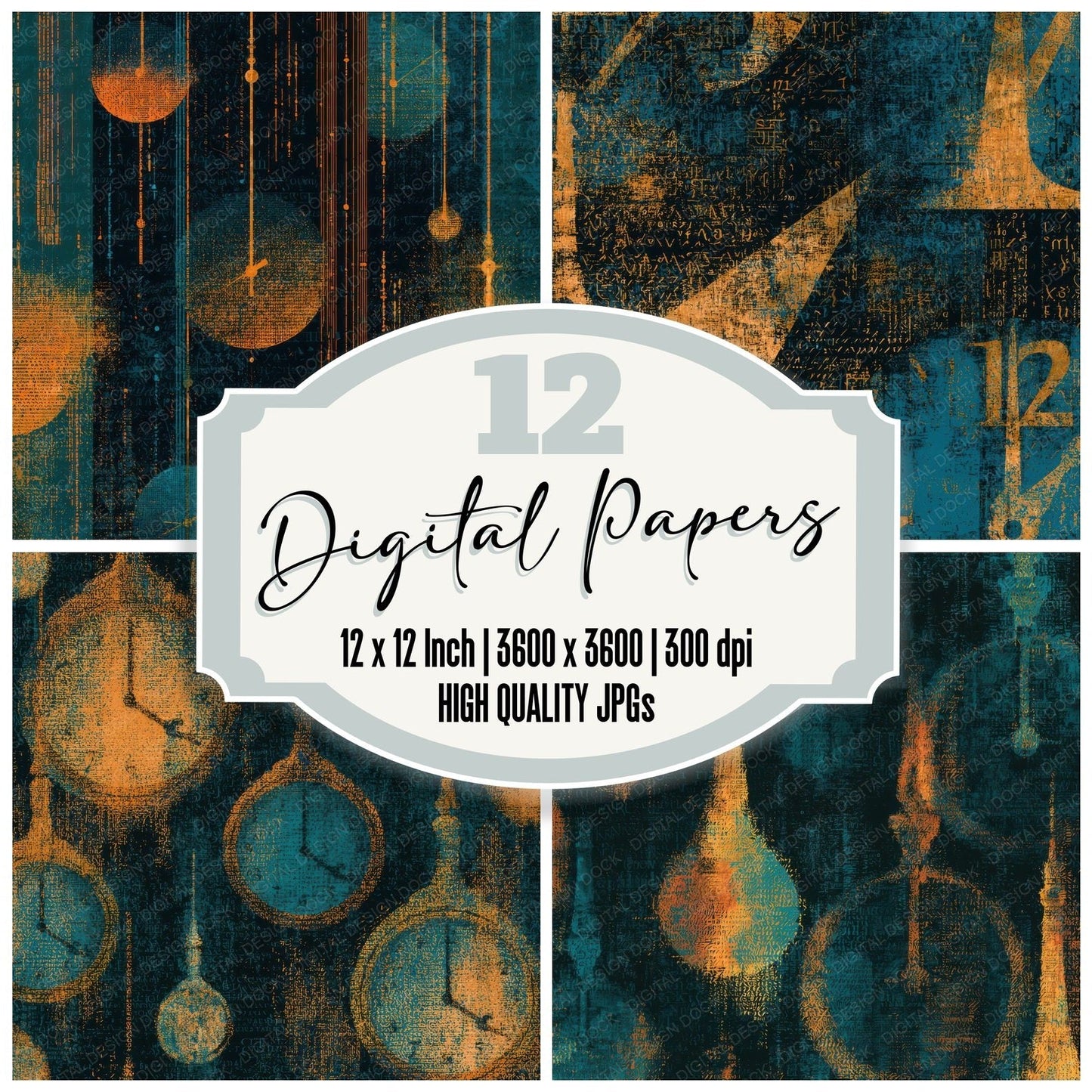 ASCII Pendulum Clocks Tangerine Turquoise Digital Paper Pack (DDD013948)