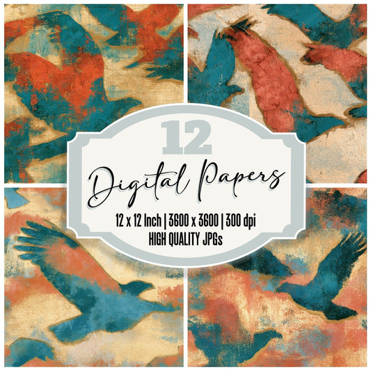 Impressionist Eagle Coral Turquoise Seamless Digital Paper Pack (DDD013952)