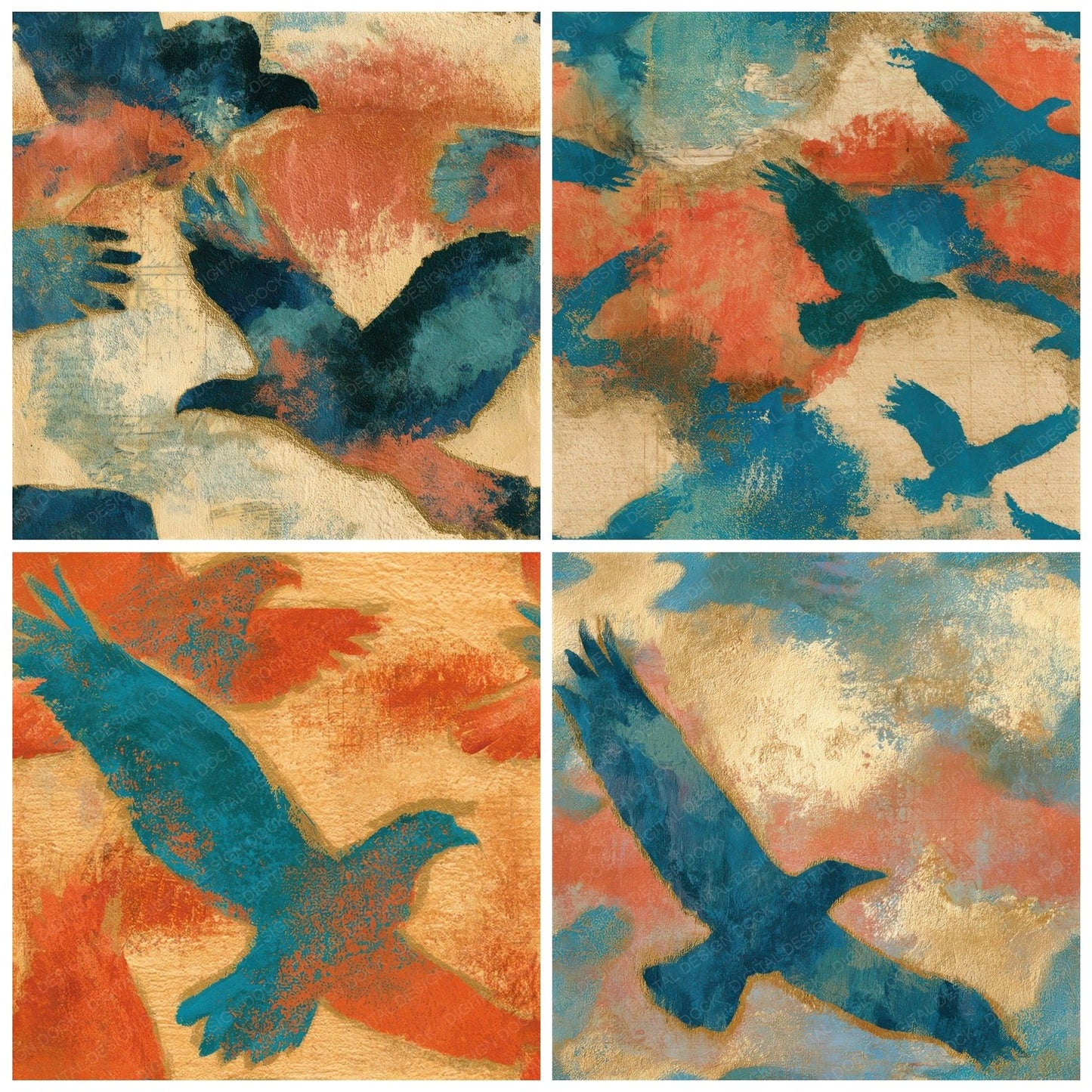Impressionist Eagle Coral Turquoise Seamless Digital Paper Pack (DDD013952)