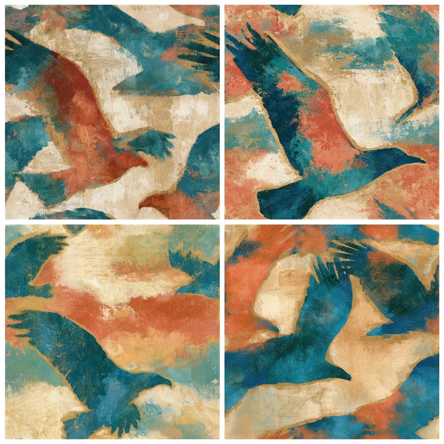 Impressionist Eagle Coral Turquoise Seamless Digital Paper Pack (DDD013952)