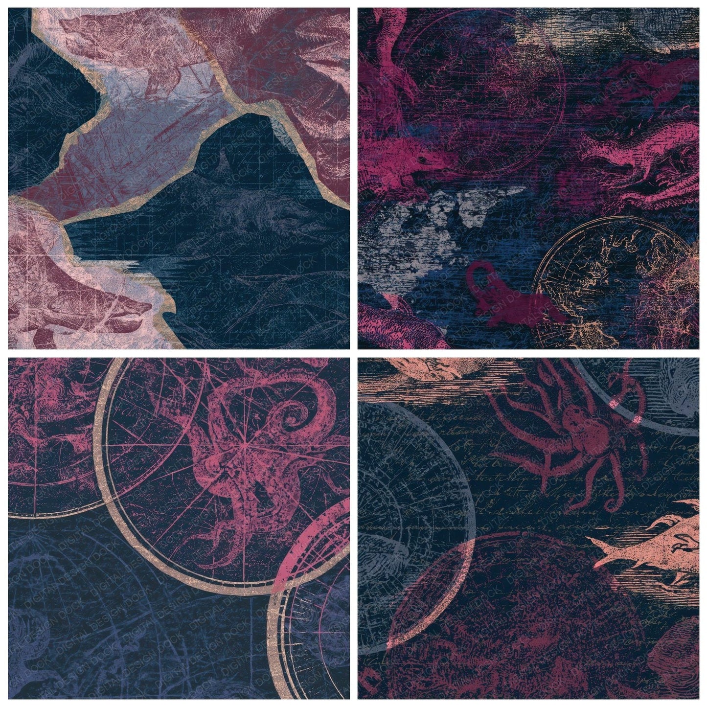 Indian Block Print Sea Maps Wine Navy Digital Paper Pack (DDD013954)