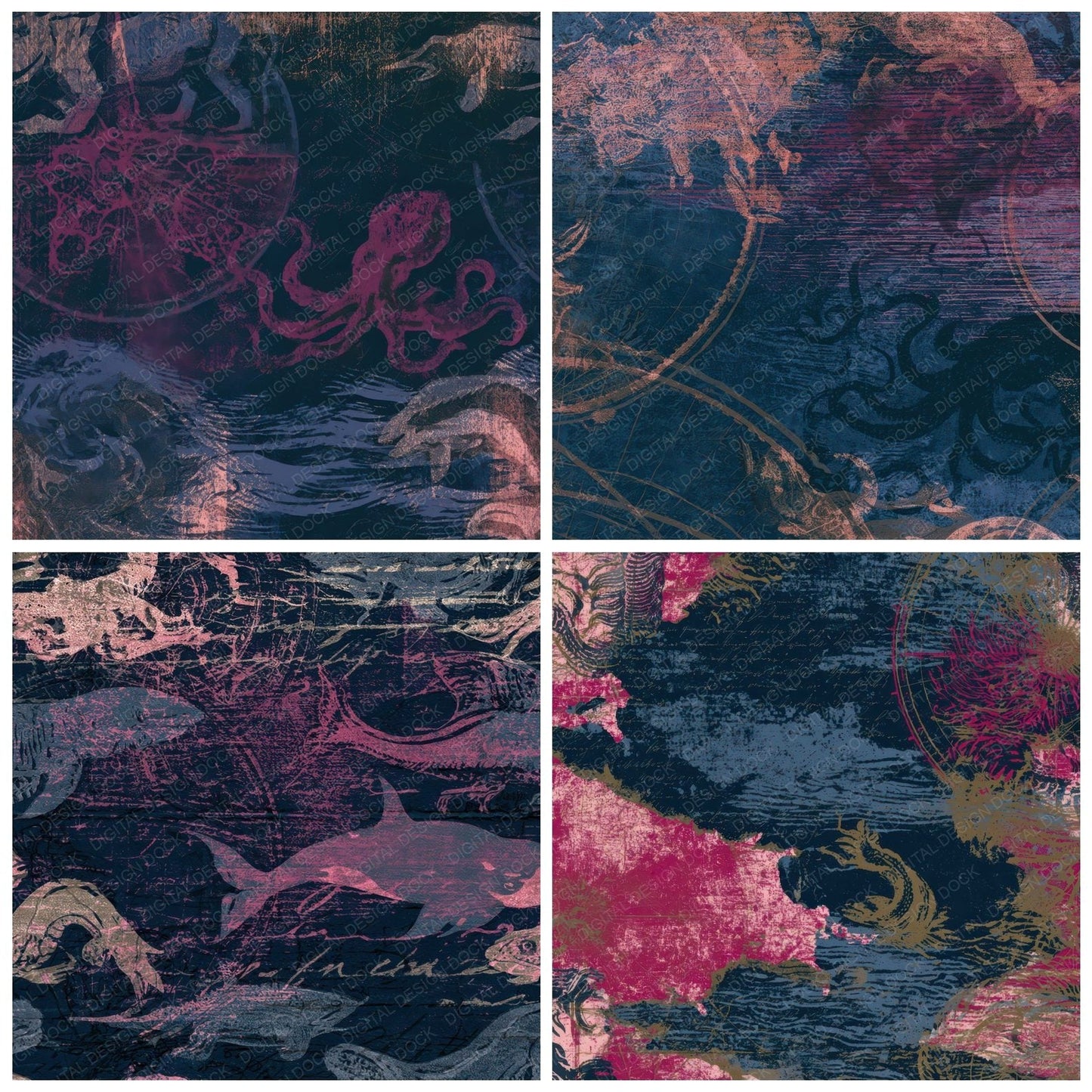 Indian Block Print Sea Maps Wine Navy Digital Paper Pack (DDD013954)