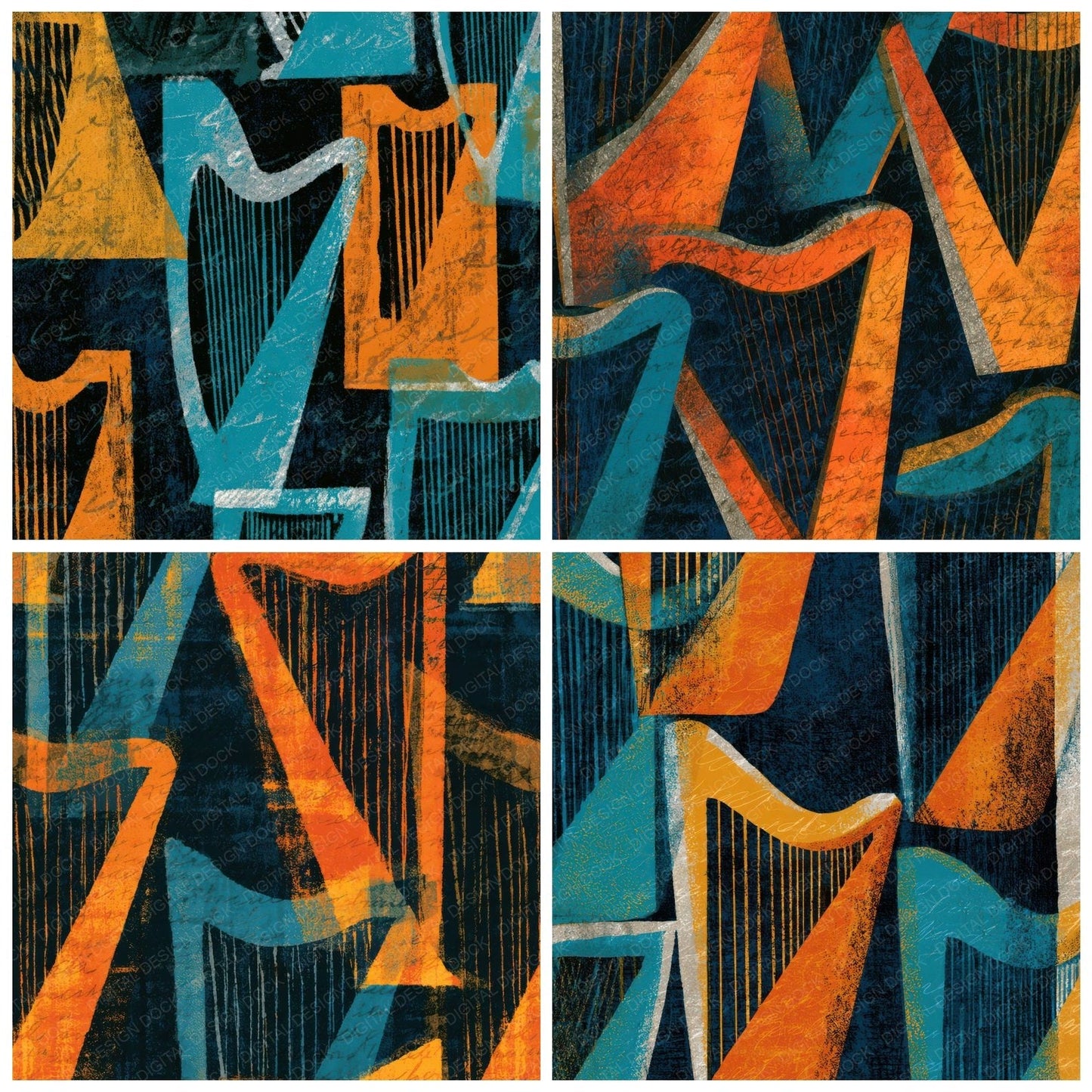 Midcentury Modern Harps Tangerine Turquoise Digital Paper Pack (DDD013957)