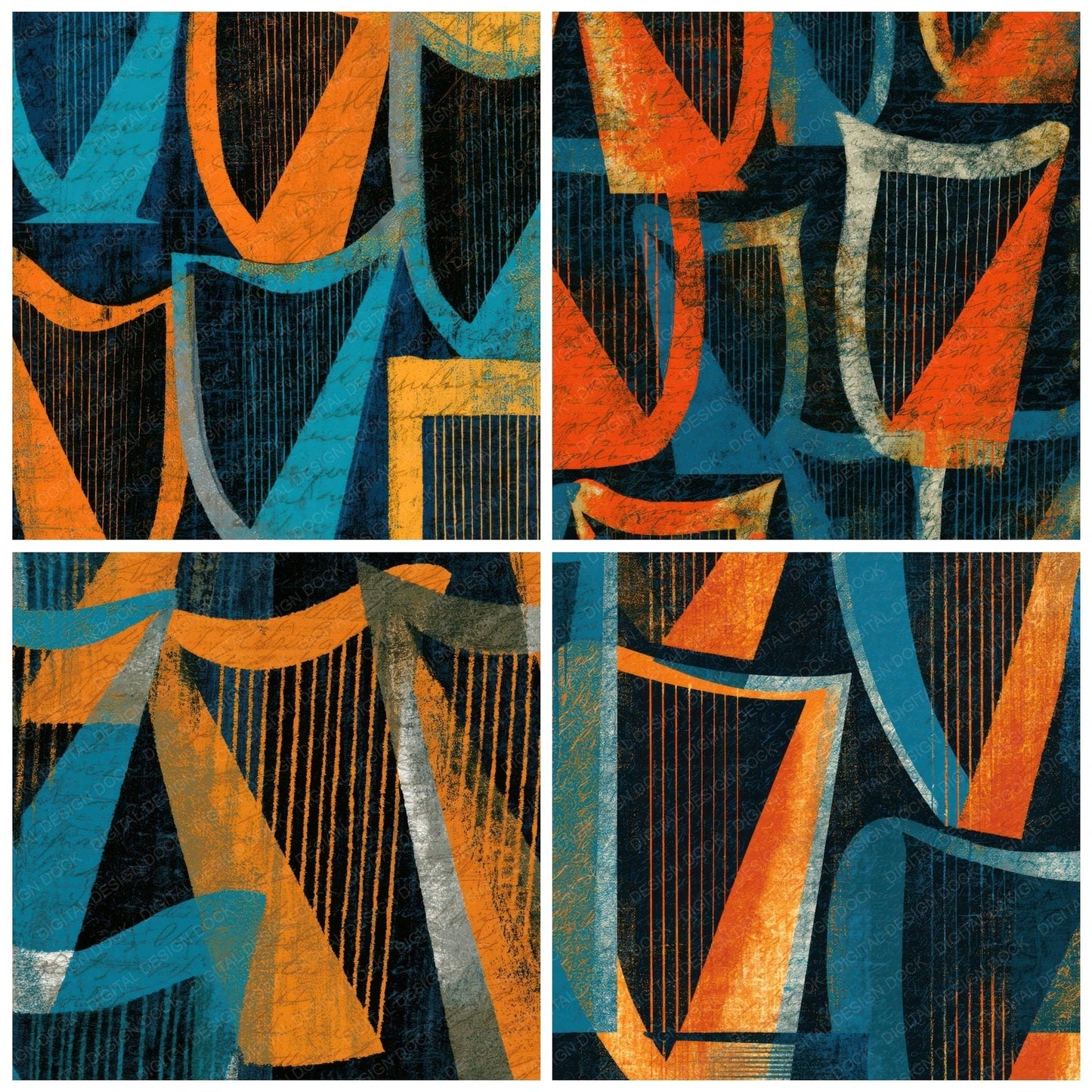 Midcentury Modern Harps Tangerine Turquoise Digital Paper Pack (DDD013957)