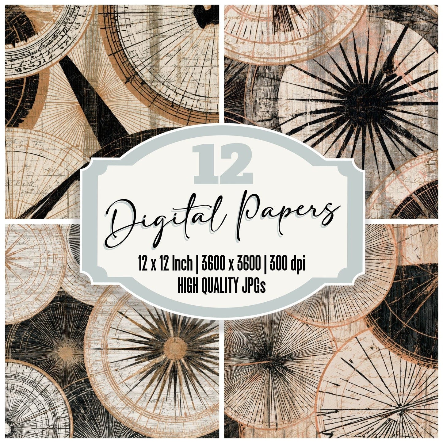 Pyrography Sundials Black Chalk Digital Paper Pack (DDD013962)