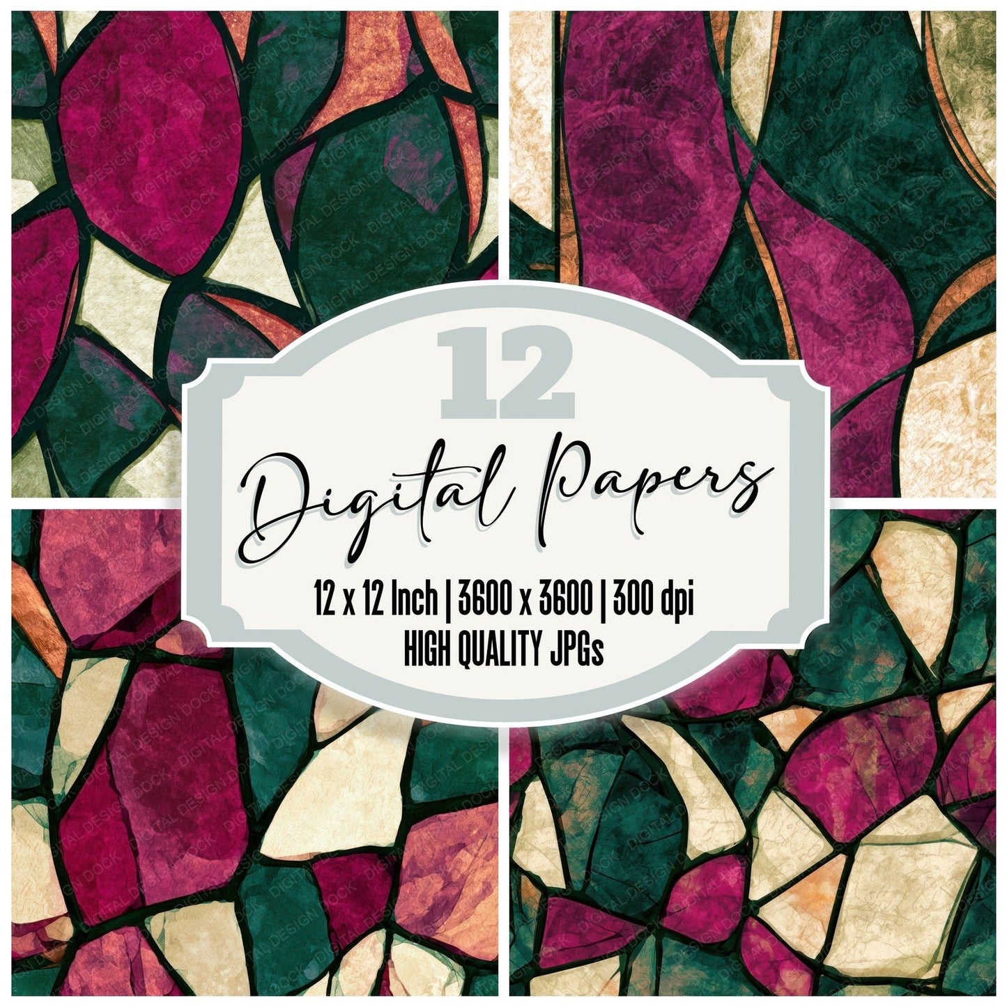 Stained Glass Magenta Jungle Green Abstract Digital Paper Pack (DDD013963)
