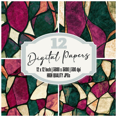 Stained Glass Magenta Jungle Green Abstract Digital Paper Pack (DDD013963)