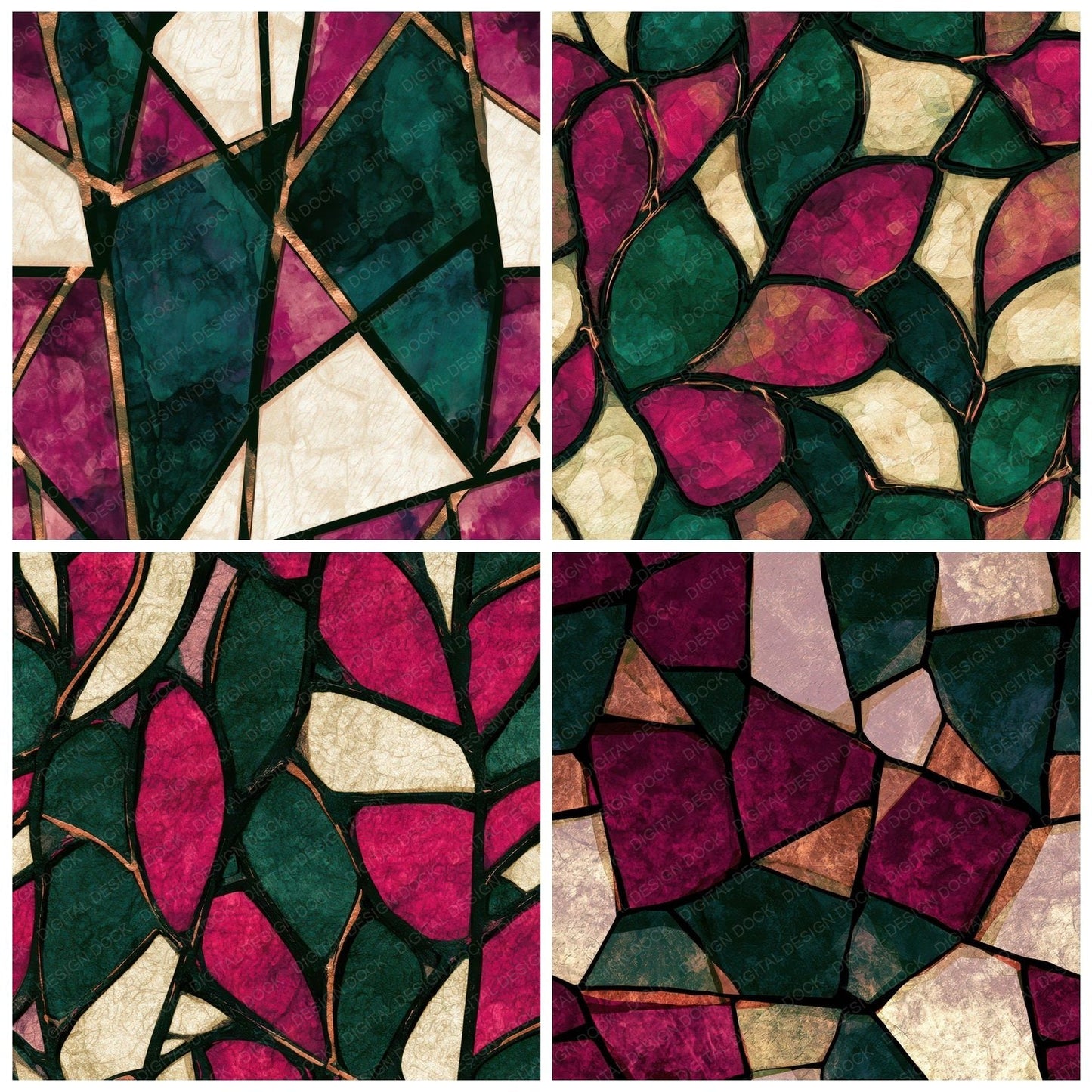 Stained Glass Magenta Jungle Green Abstract Digital Paper Pack (DDD013963)