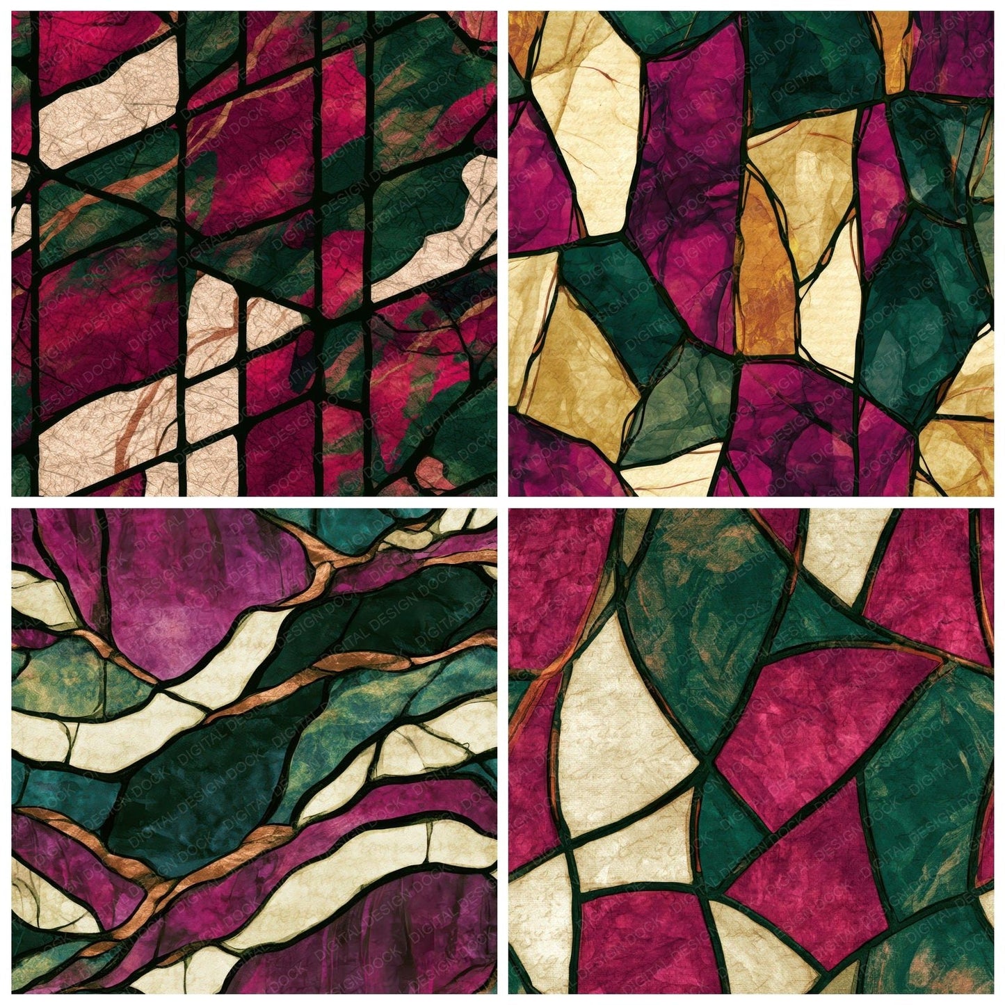 Stained Glass Magenta Jungle Green Abstract Digital Paper Pack (DDD013963)