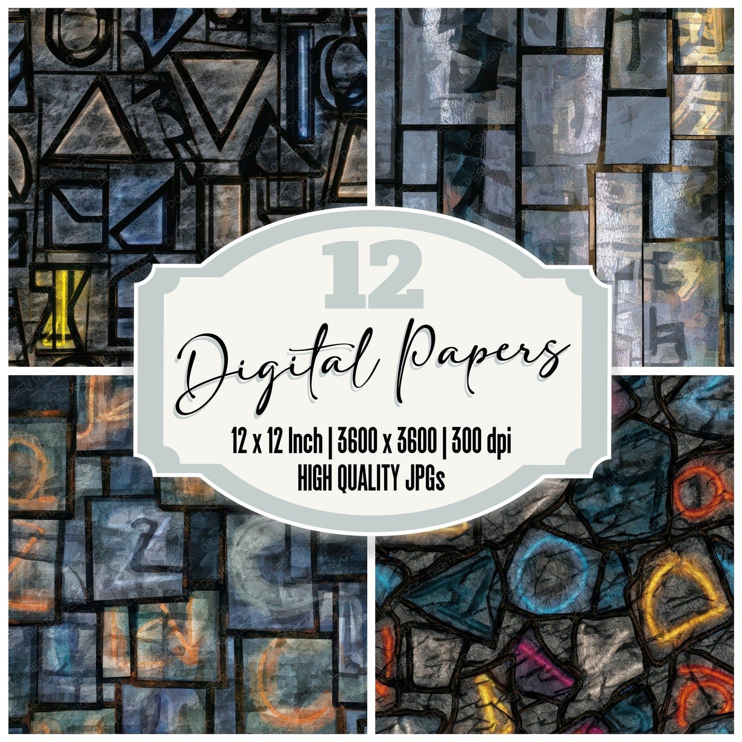 Stained Glass Neon Signs Storm Silver Digital Paper Pack (DDD013964)
