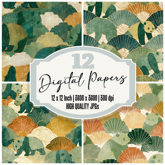Art Deco Panda Soft Green Butter Digital Paper Pack (DDD013966)