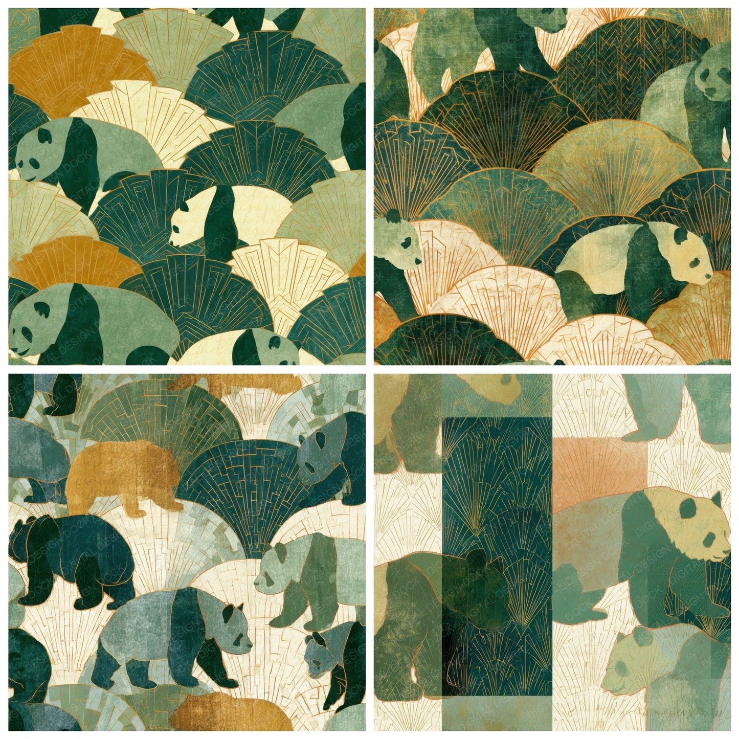 Art Deco Panda Soft Green Butter Digital Paper Pack (DDD013966)