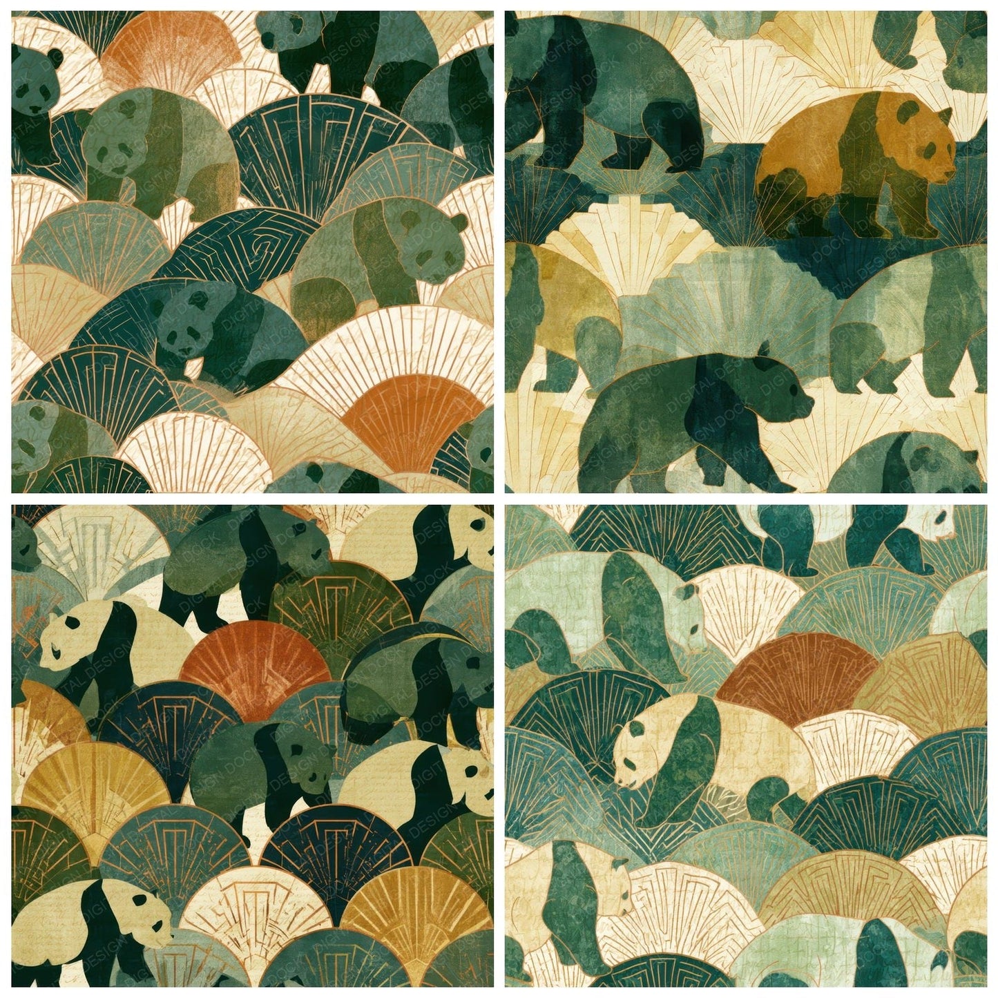 Art Deco Panda Soft Green Butter Digital Paper Pack (DDD013966)