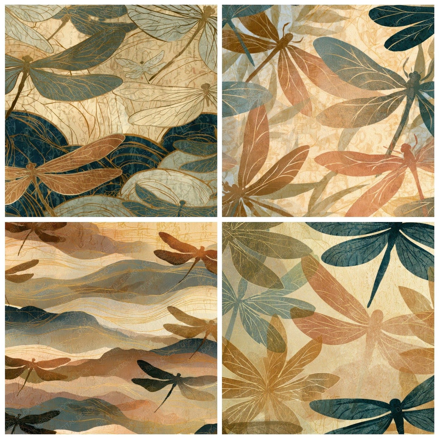 Art Nouveau Mayflies Sepia Beige Digital Paper Pack (DDD013967)