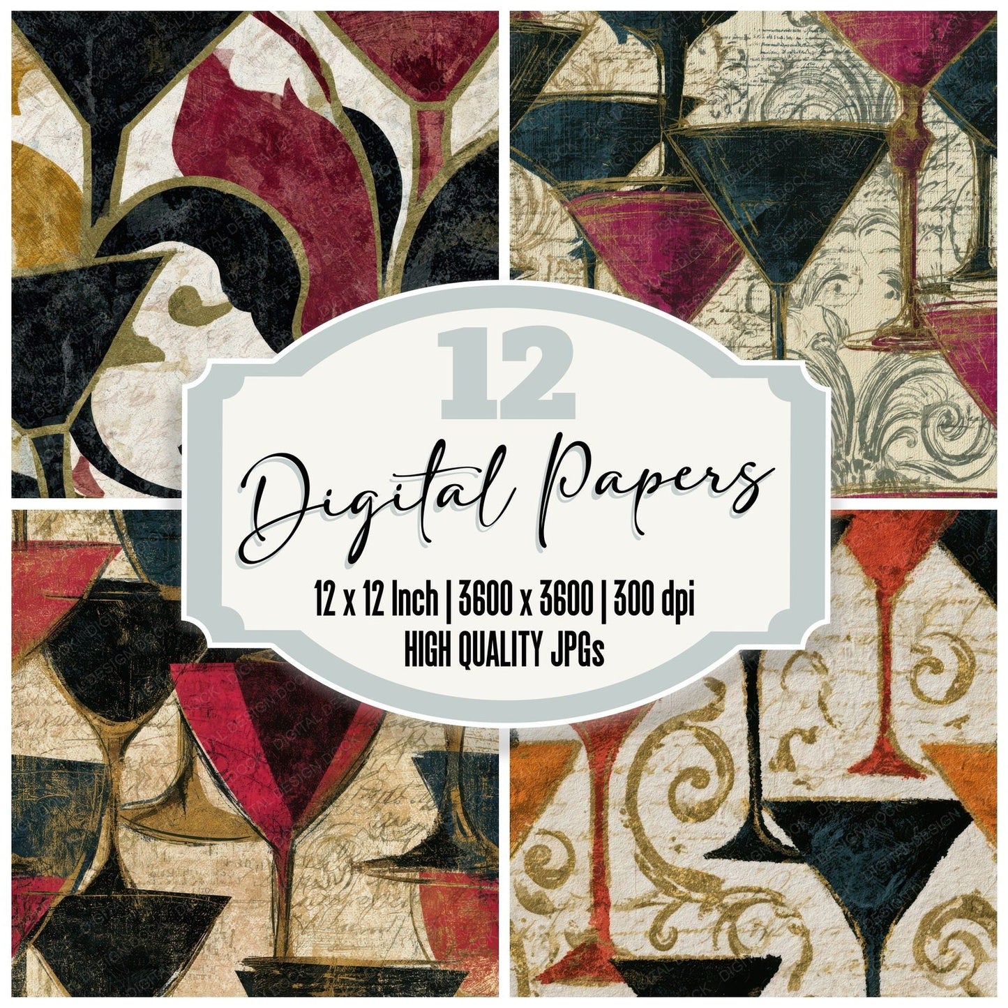 Baroque Neon Martini Oxblood Bone Digital Paper Pack (DDD013969)