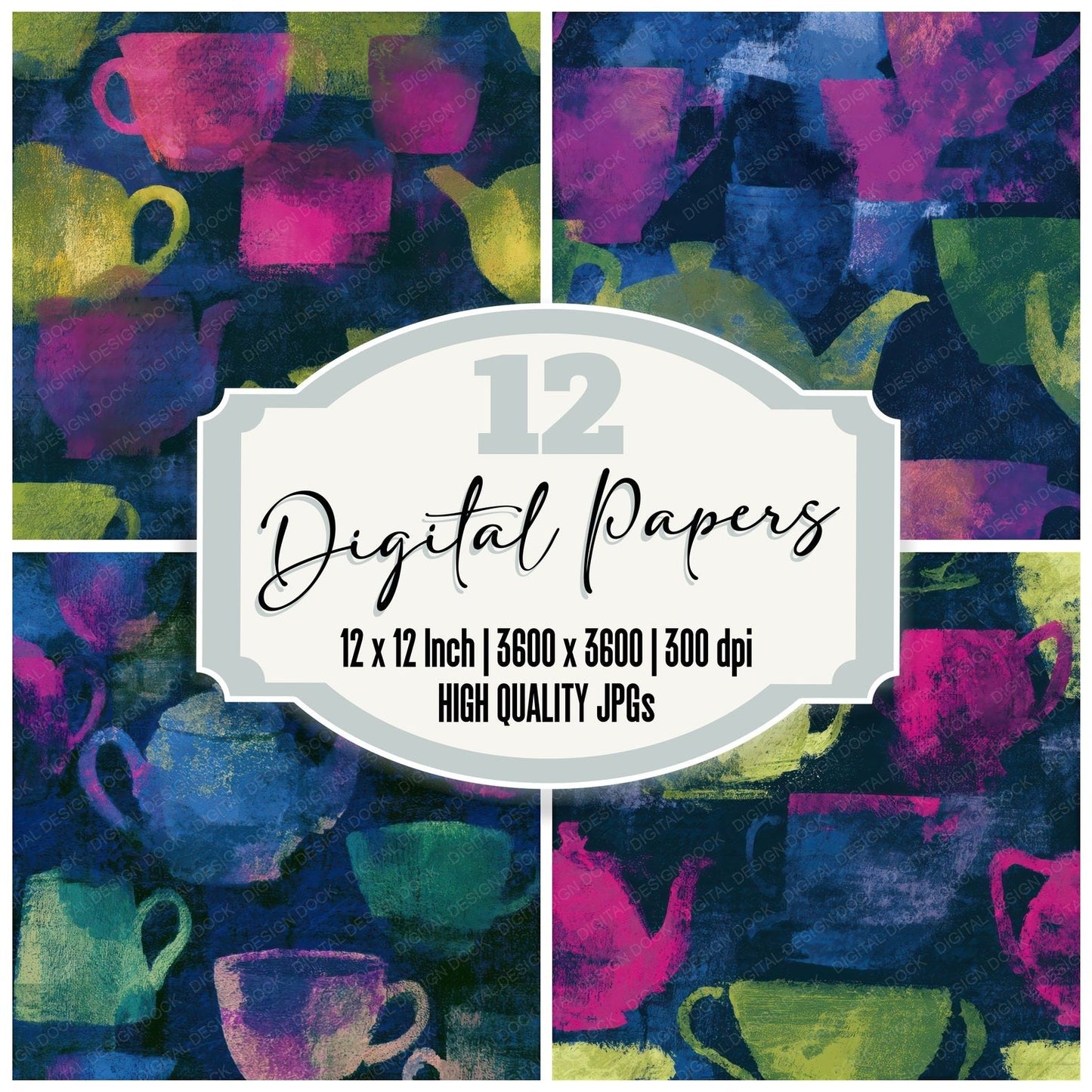 Impressionist Teapots Neon Magenta Seamless Digital Paper Pack (DDD013975)
