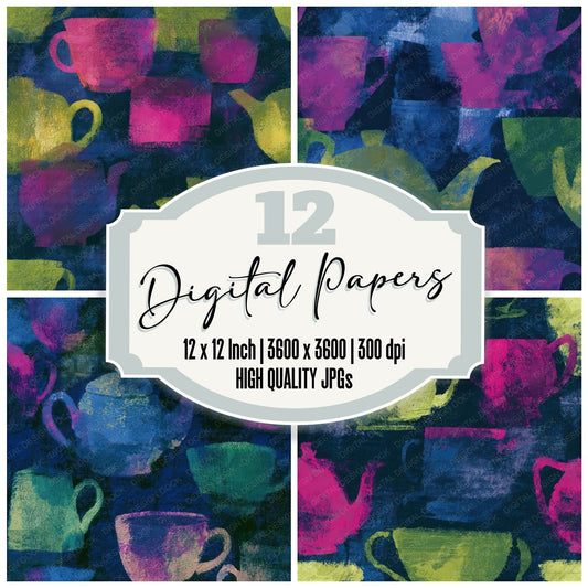 Impressionist Teapots Neon Magenta Seamless Digital Paper Pack (DDD013975)