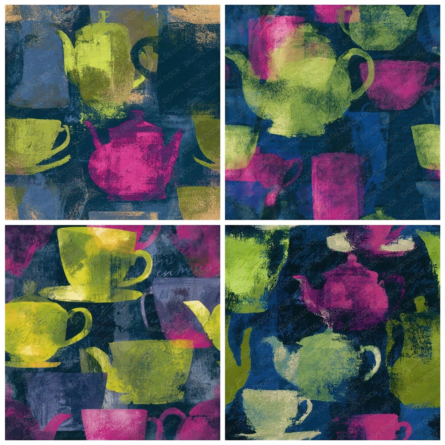 Impressionist Teapots Neon Magenta Seamless Digital Paper Pack (DDD013975)