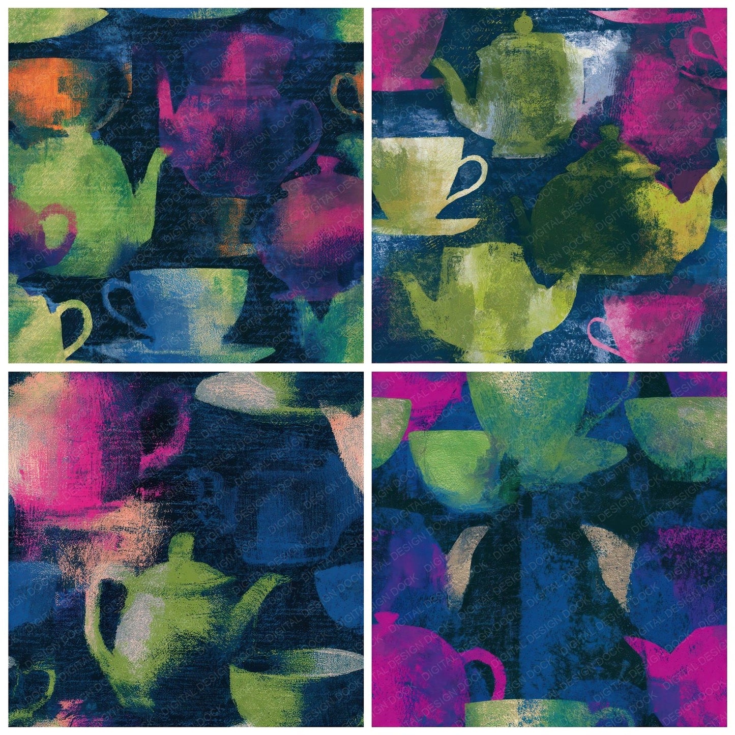 Impressionist Teapots Neon Magenta Seamless Digital Paper Pack (DDD013975)