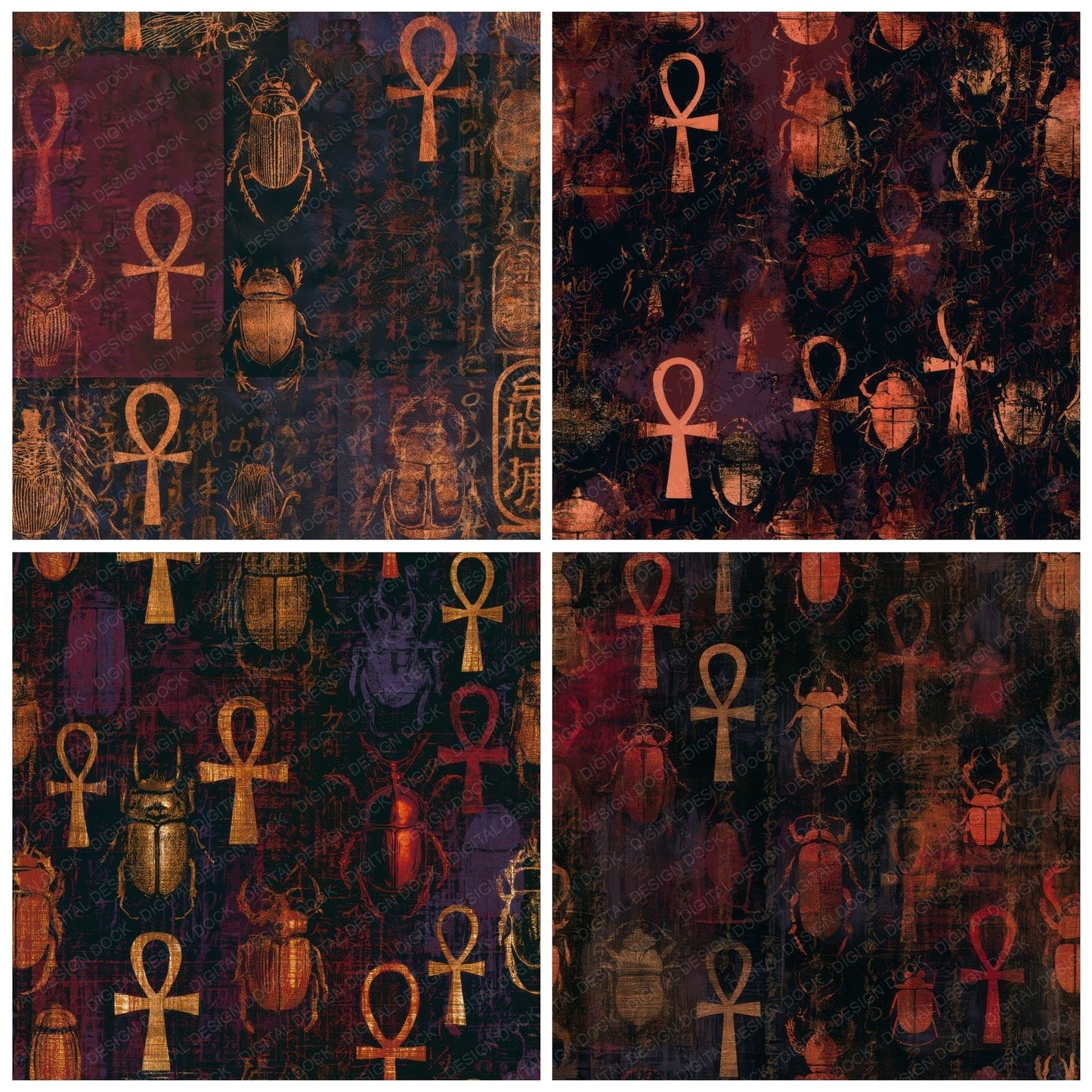 Mezzotint Ankhs Scarabs Oxblood Digital Paper Pack (DDD013979)