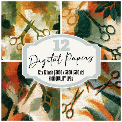 Pixel Antique Scissors Avocado Burnt Orange Digital Paper Pack (DDD013981)