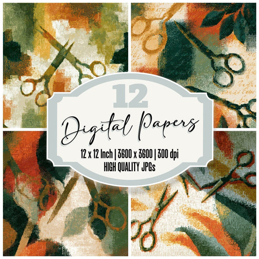 Pixel Antique Scissors Avocado Burnt Orange Digital Paper Pack (DDD013981)