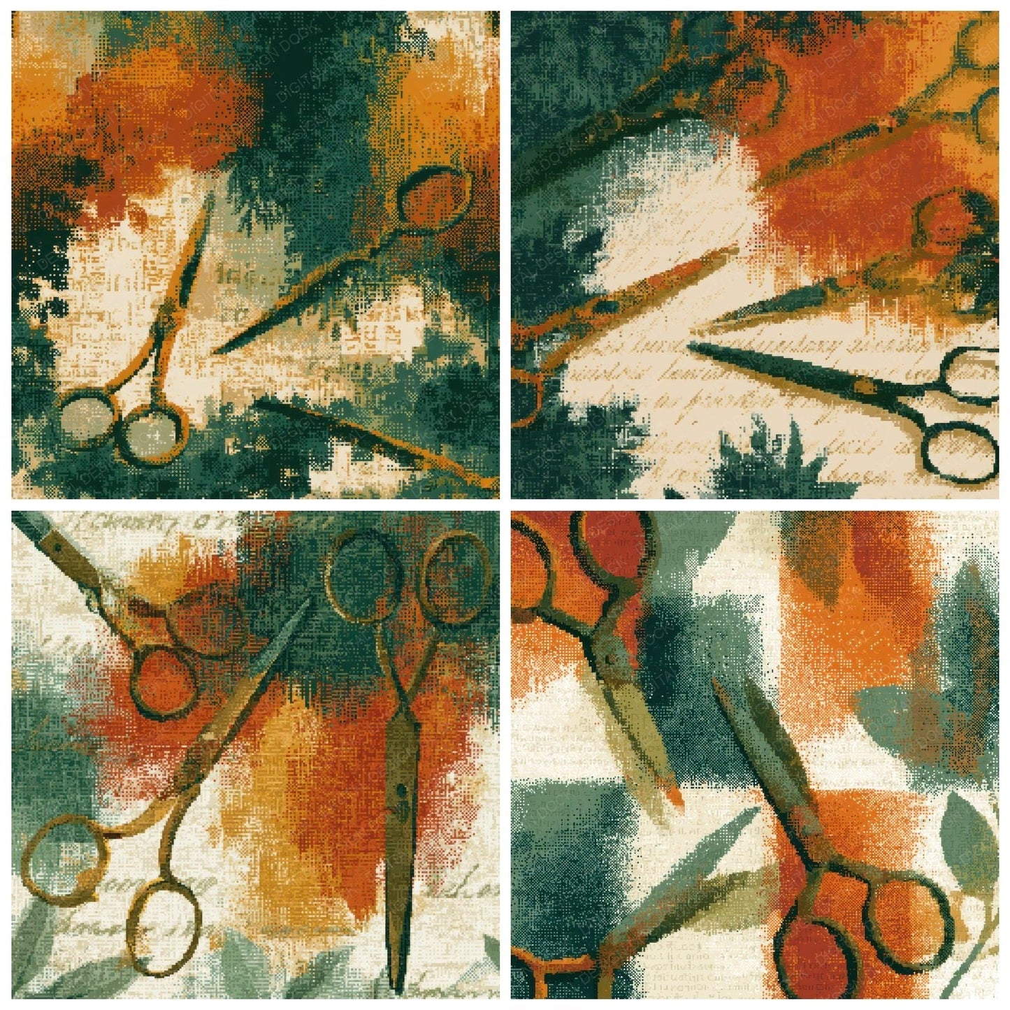 Pixel Antique Scissors Avocado Burnt Orange Digital Paper Pack (DDD013981)