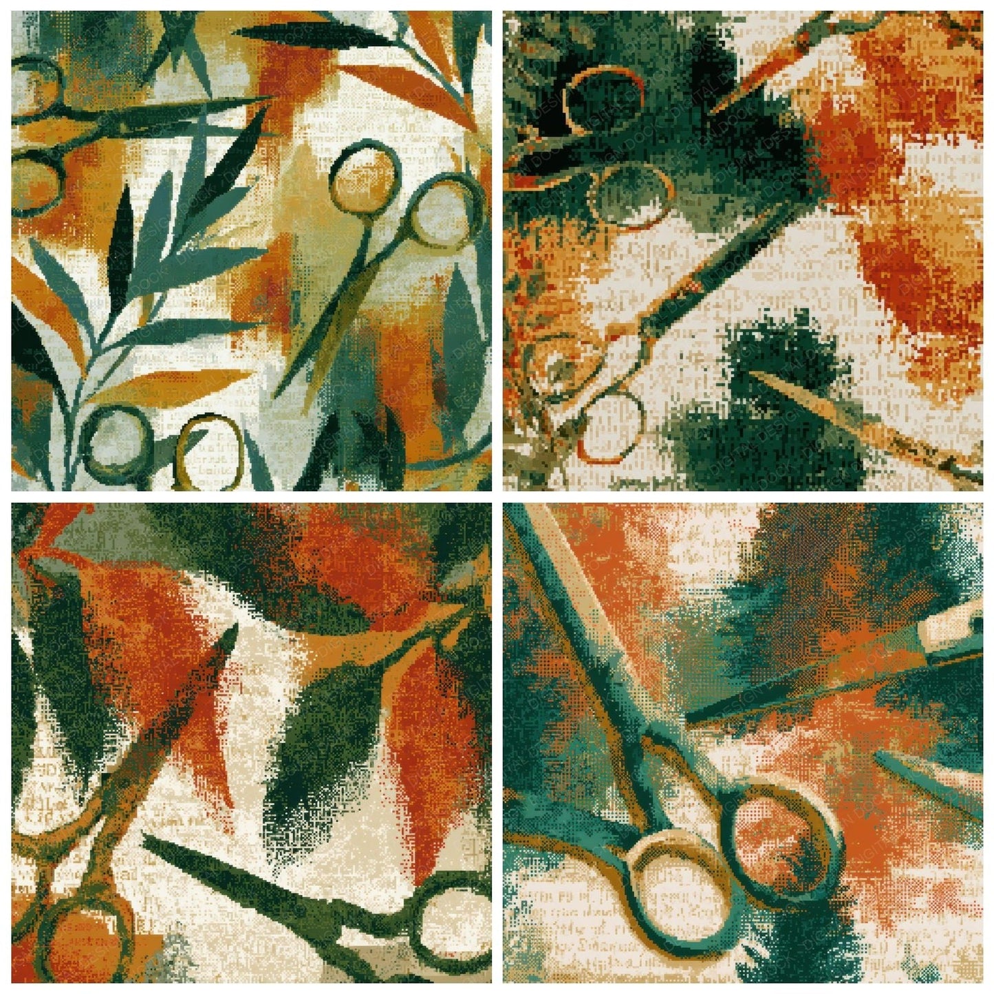 Pixel Antique Scissors Avocado Burnt Orange Digital Paper Pack (DDD013981)