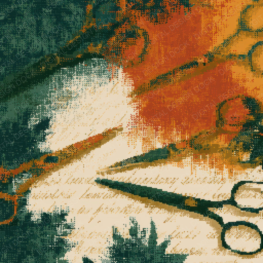 Pixel Antique Scissors Avocado Burnt Orange Digital Paper Pack (DDD013981)