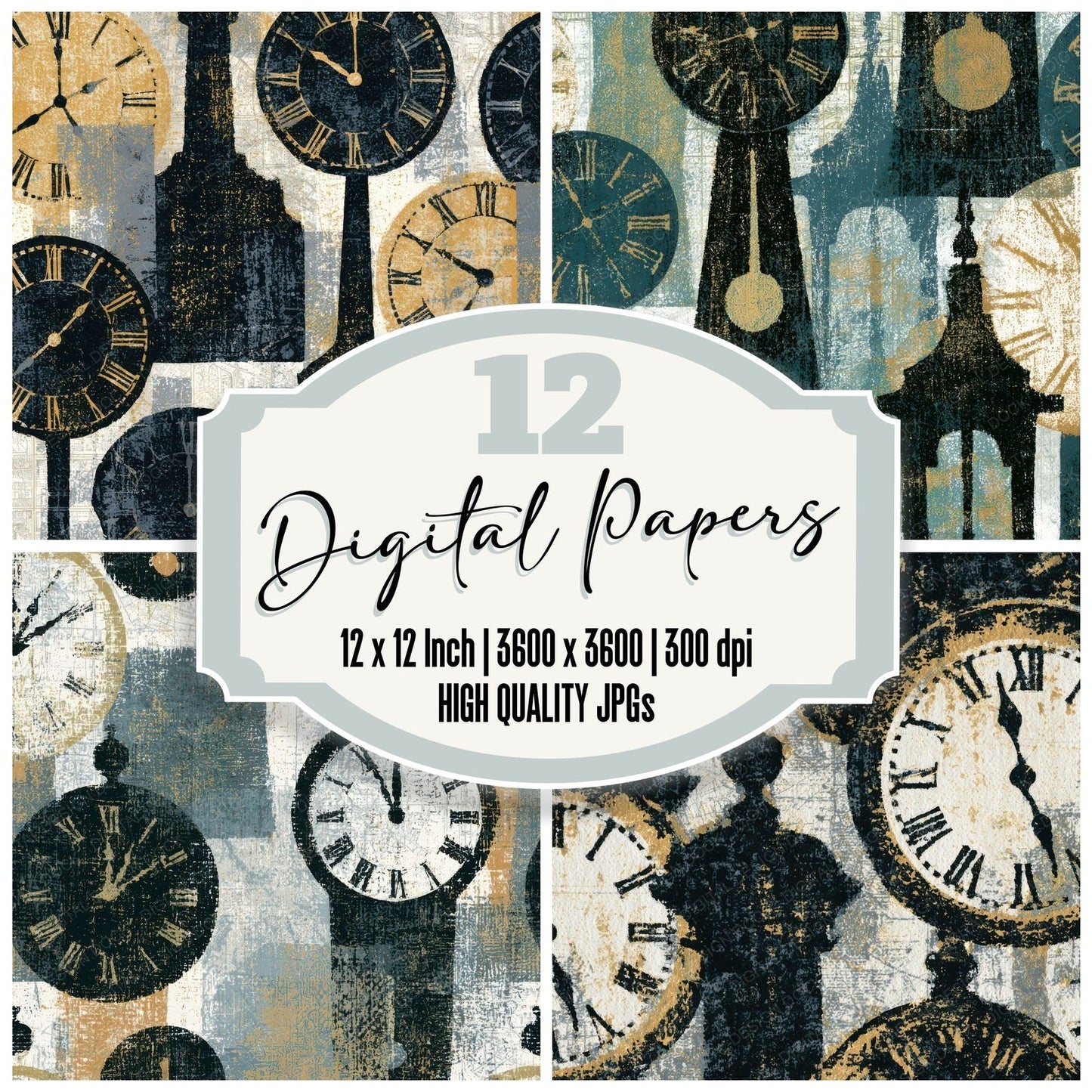 Woodblock Pendulum Clocks Ink White Digital Paper Pack (DDD013984)
