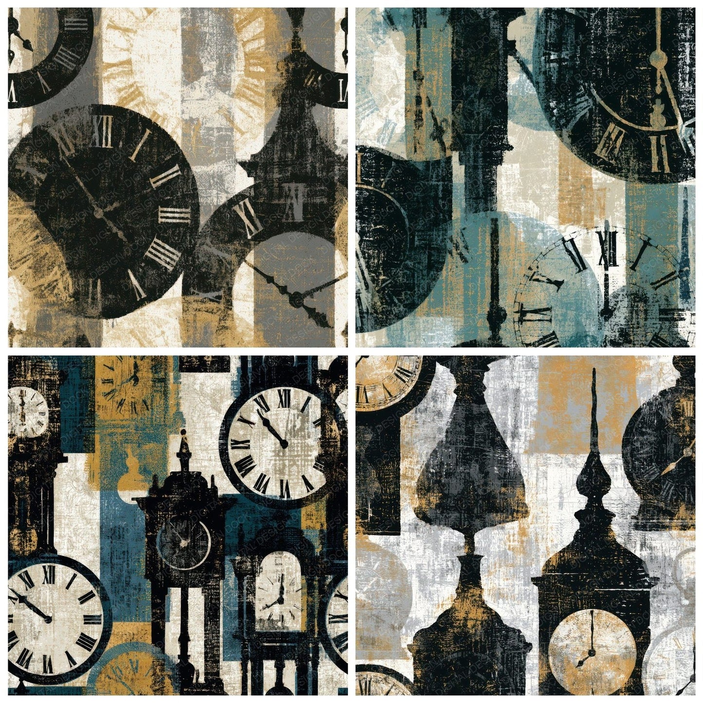 Woodblock Pendulum Clocks Ink White Digital Paper Pack (DDD013984)