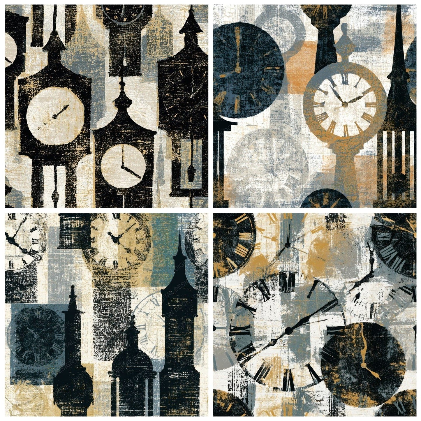 Woodblock Pendulum Clocks Ink White Digital Paper Pack (DDD013984)