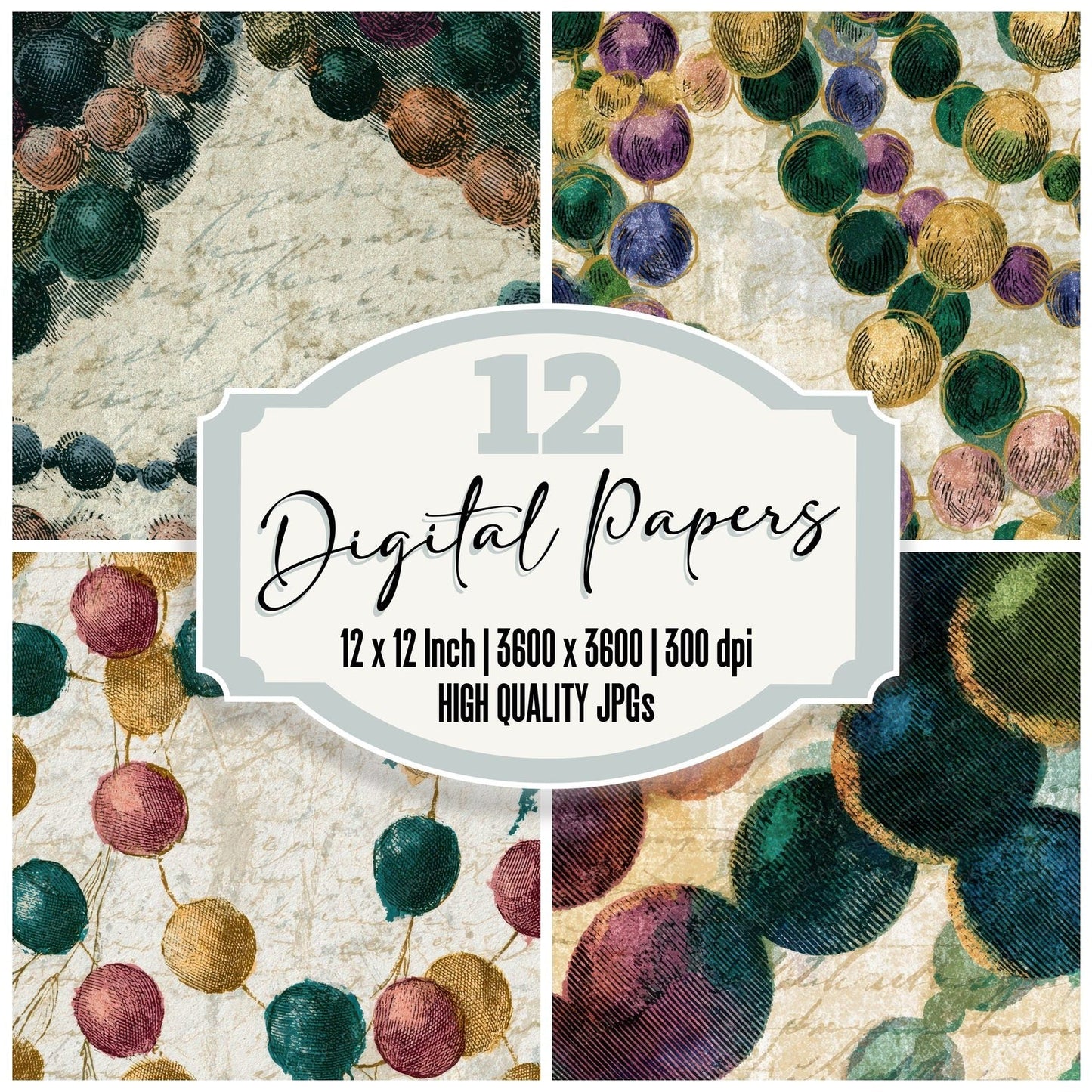 Engraving Mardi Gras Beads Green Blush Digital Paper Pack (DDD013990)