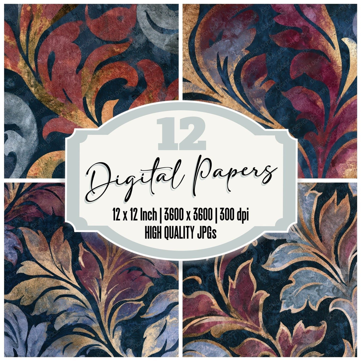 Ink Wash Baroque Scrollwork Rose Wine Digital Paper Pack (DDD013992)