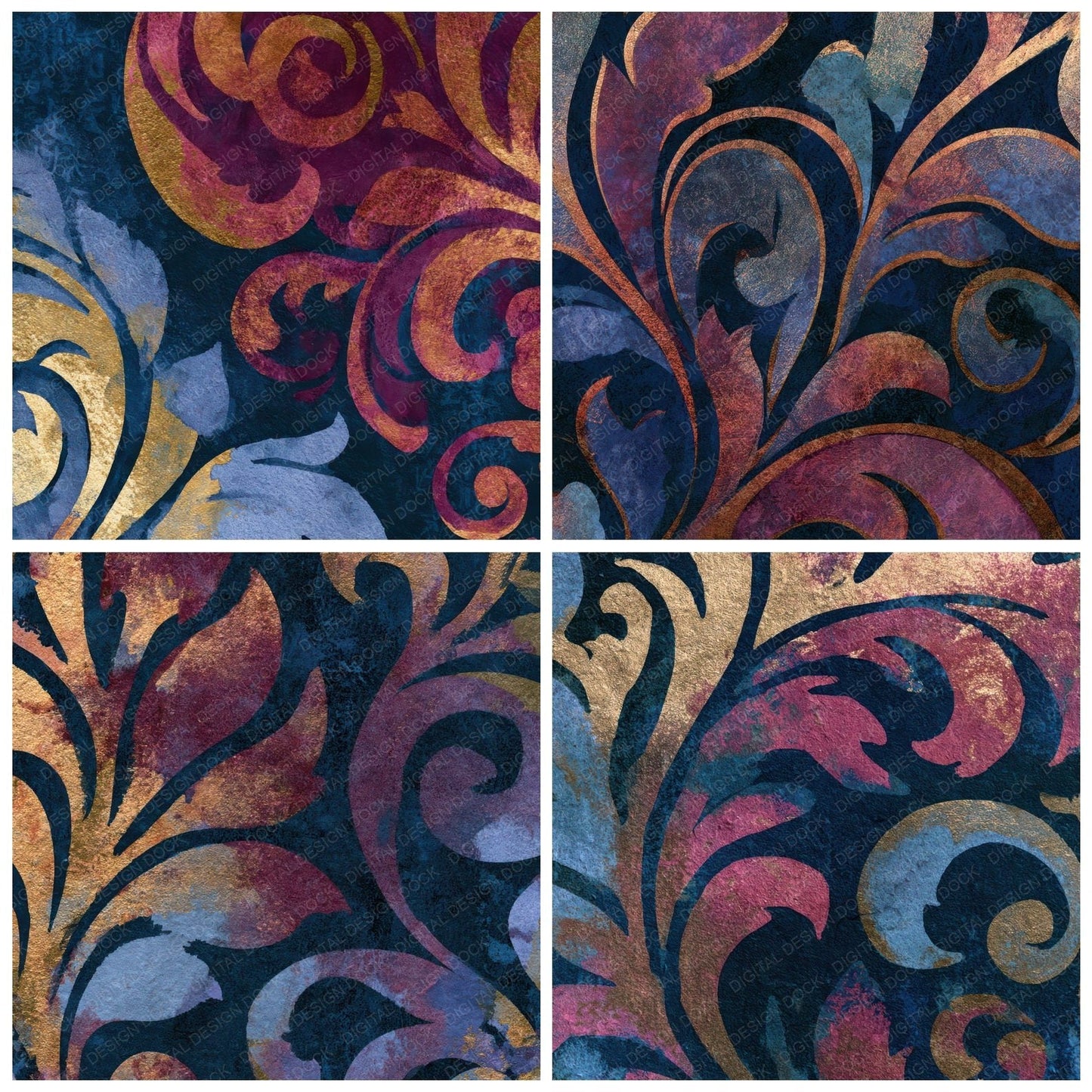 Ink Wash Baroque Scrollwork Rose Wine Digital Paper Pack (DDD013992)