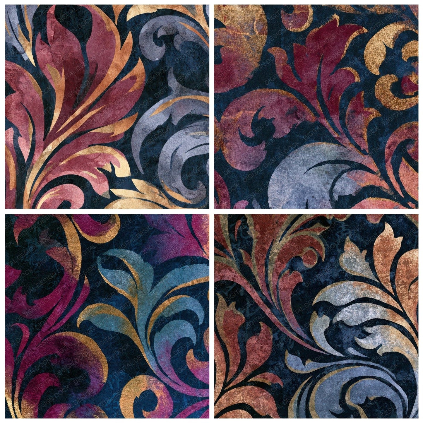 Ink Wash Baroque Scrollwork Rose Wine Digital Paper Pack (DDD013992)