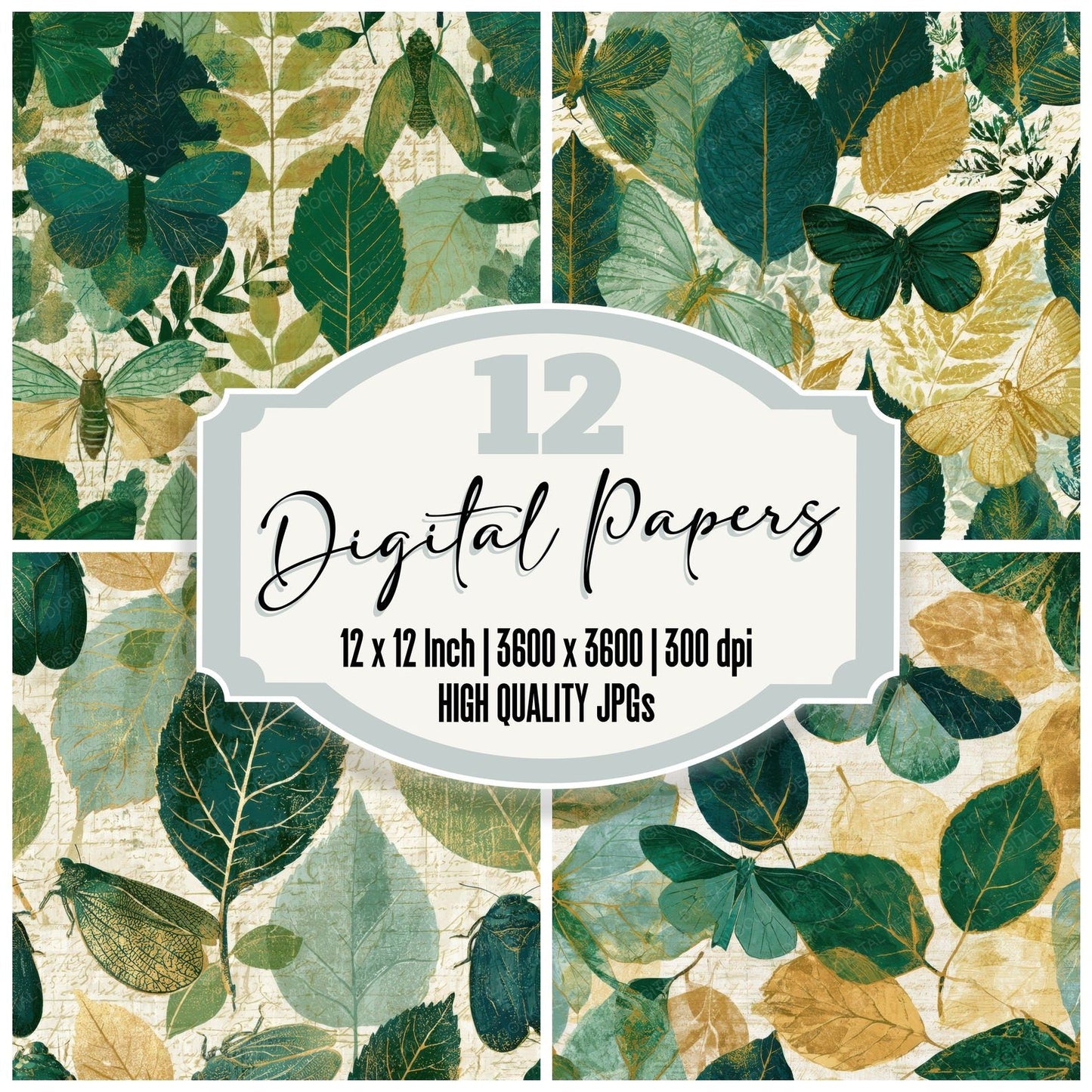Maximalist Leaf Insects Soft Green Butter Digital Paper Pack (DDD013994)