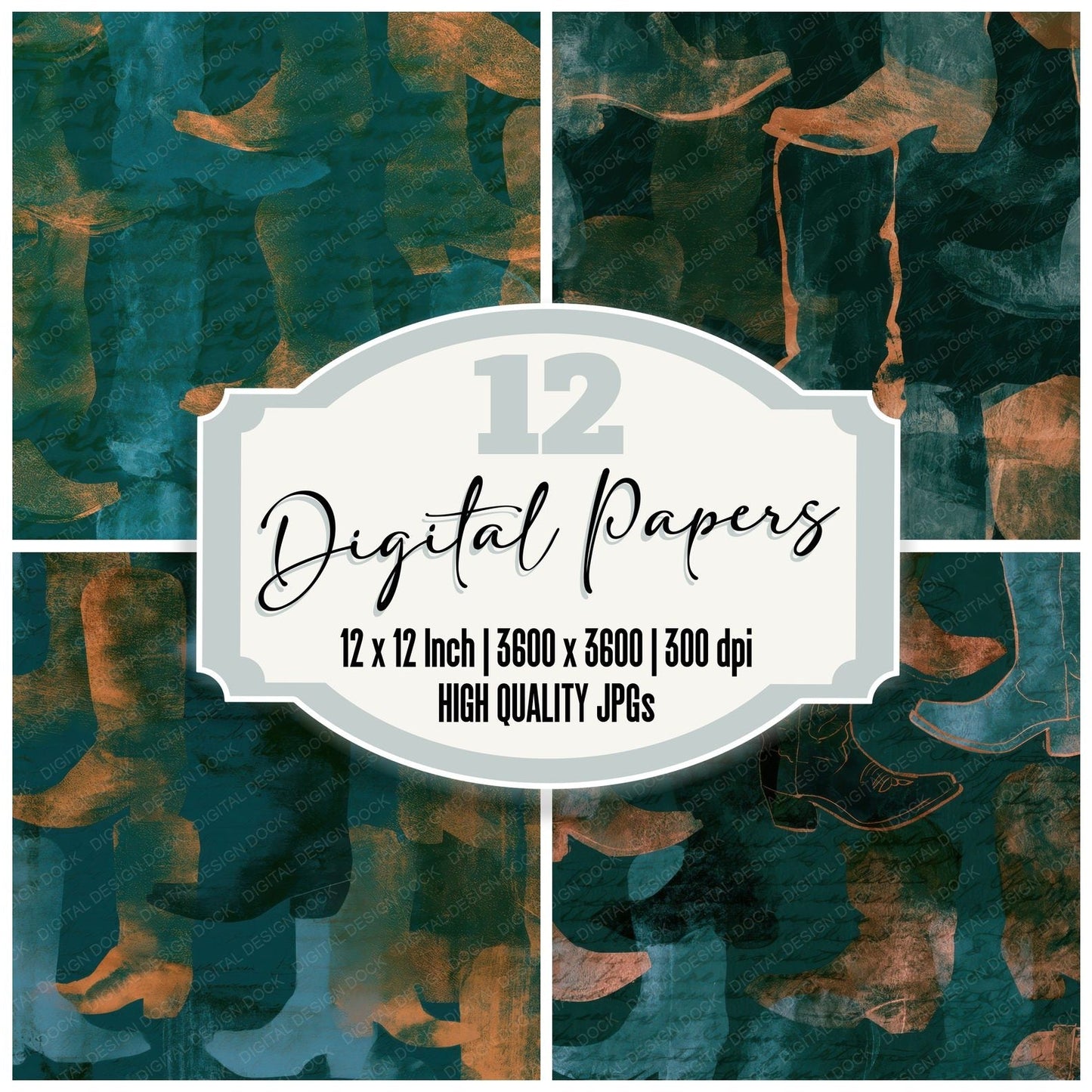 Photogram Cowboy Boots Jade Copper Digital Paper Pack (DDD013997)