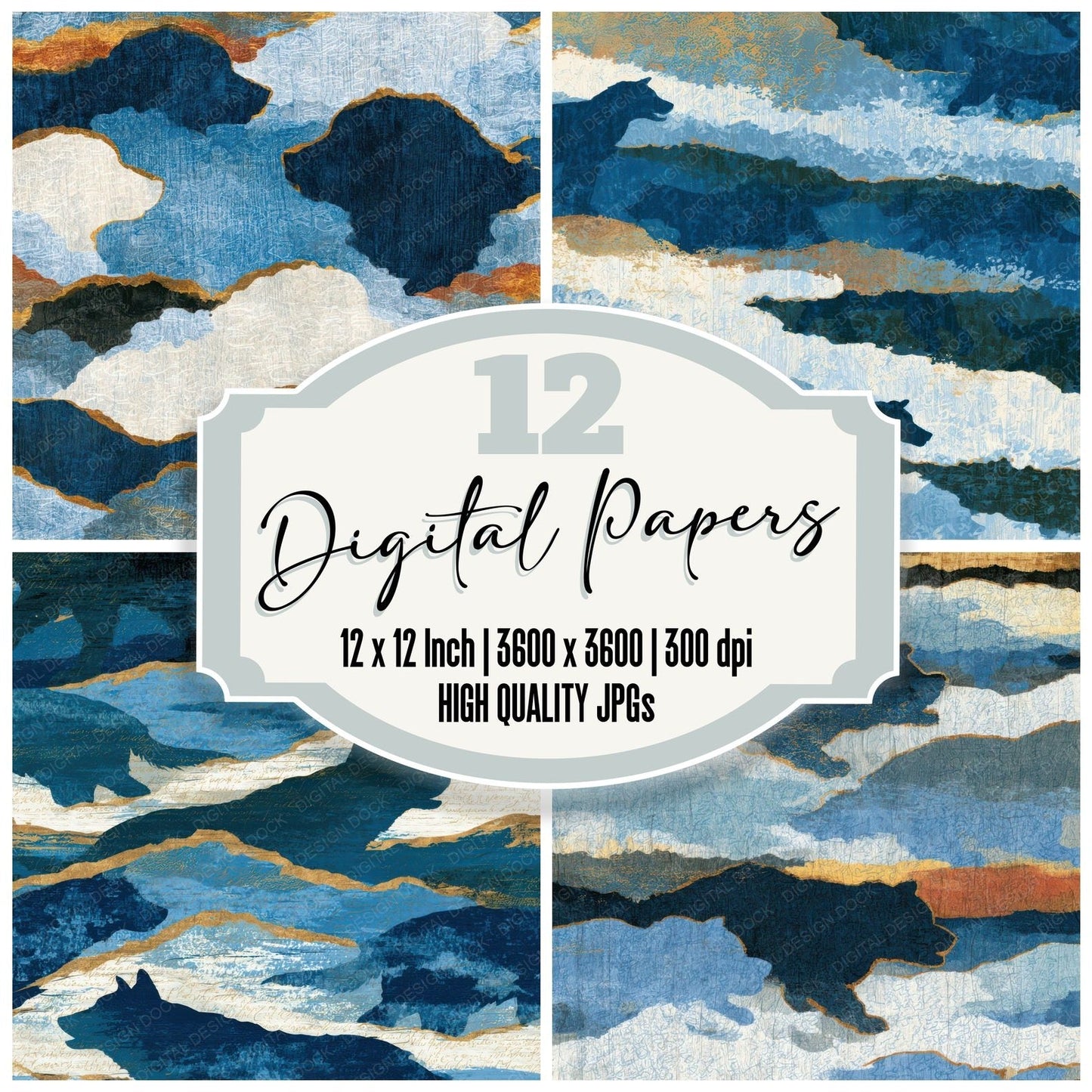 Ukiyo-e Puppies Icy Blue Charcoal Digital Paper Pack (DDD014002)
