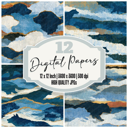 Ukiyo-e Puppies Icy Blue Charcoal Digital Paper Pack (DDD014002)