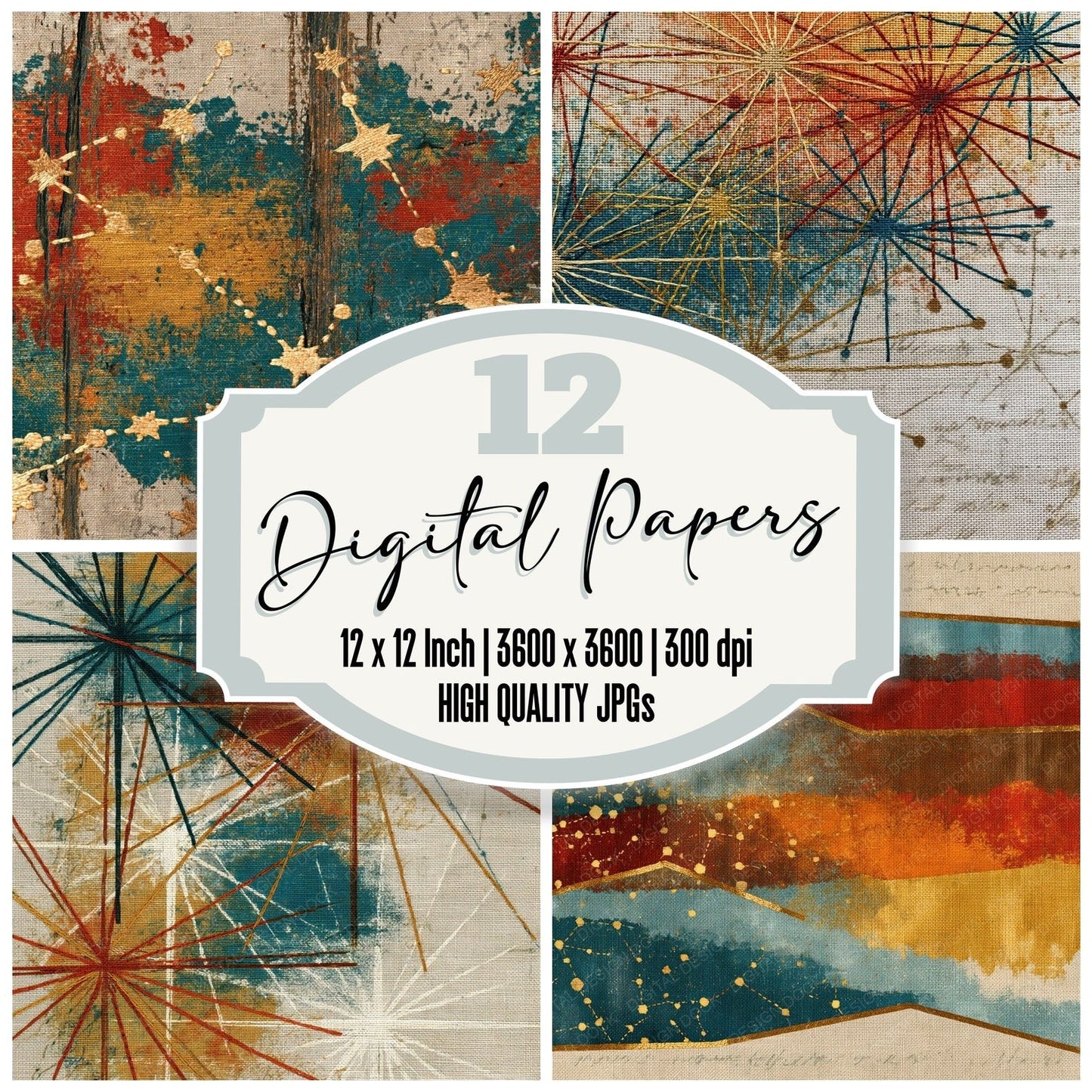 Embroidery Constellations Rust Mustard Turquoise Digital Paper Pack (DDD014008)
