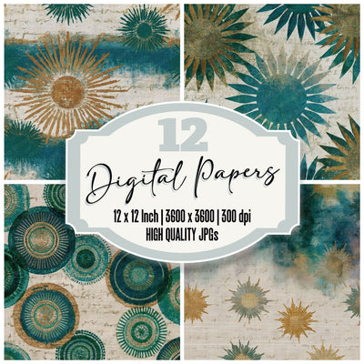 Embroidery Sun Malachite Teal digital paper pack cover showing four of the 12 papers