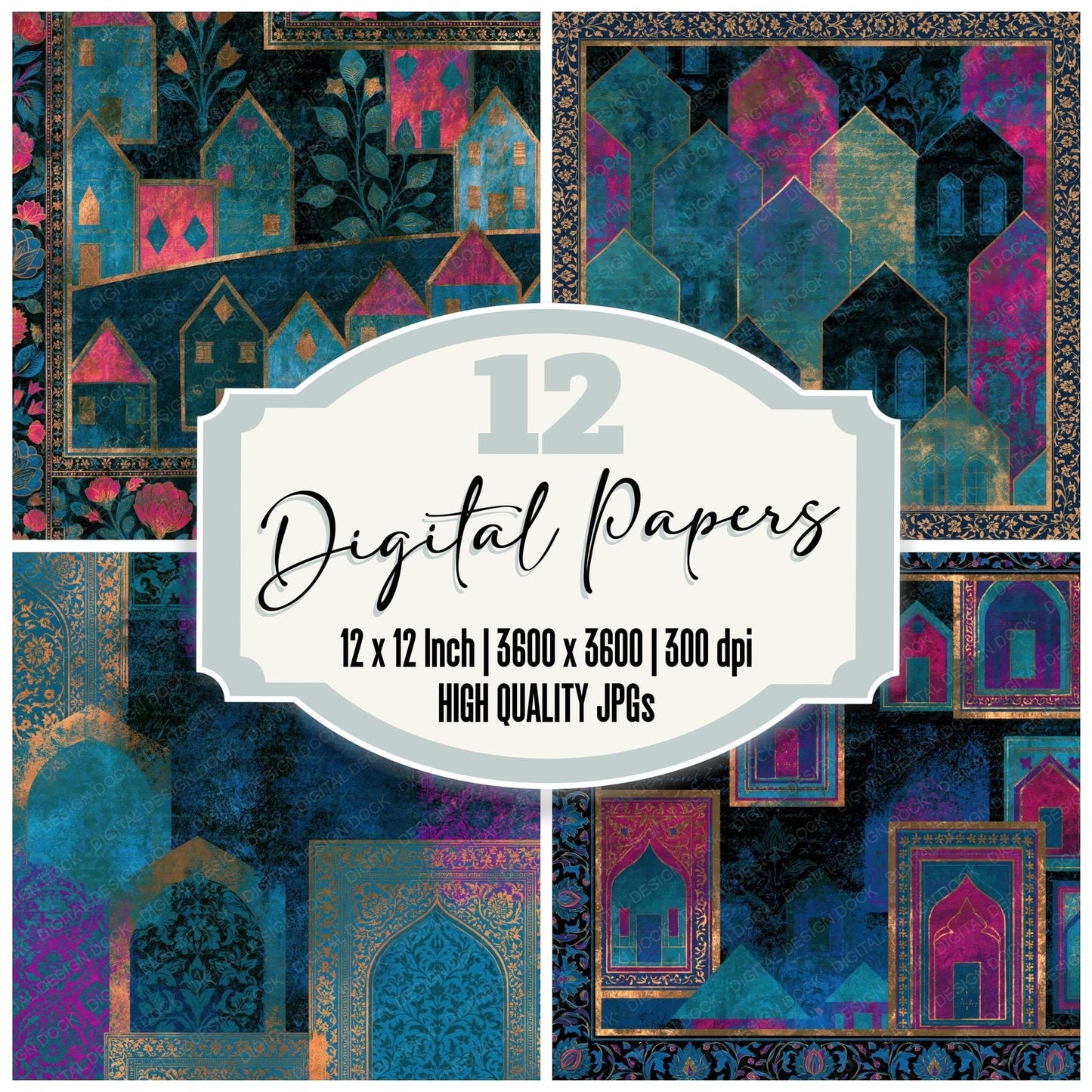 Mughal Card Houses Teal Magenta Digital Paper Pack (DDD014014)